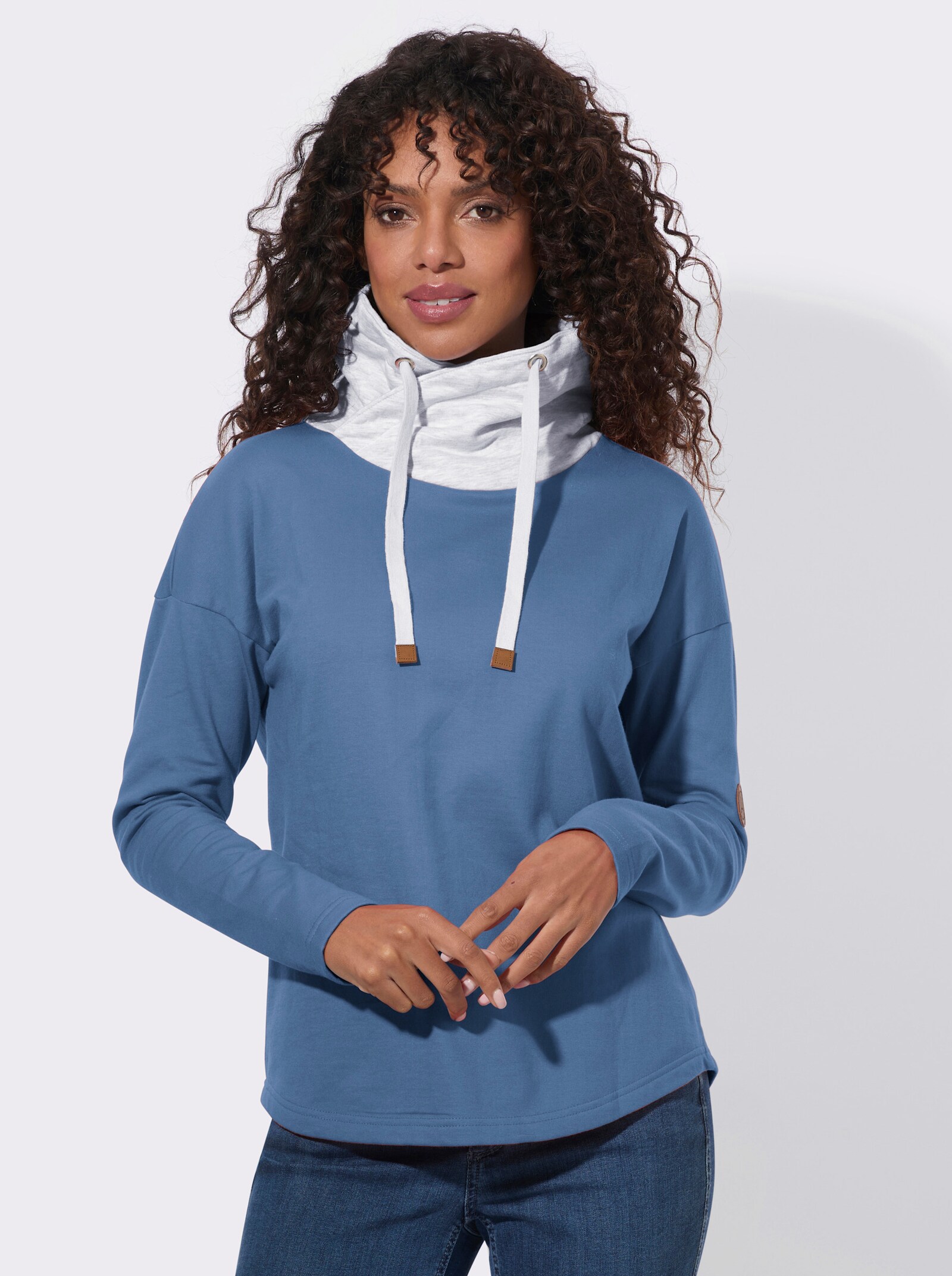  Sweatshirt mit überlappendem Rollkragen - mittelblau-hellgrau