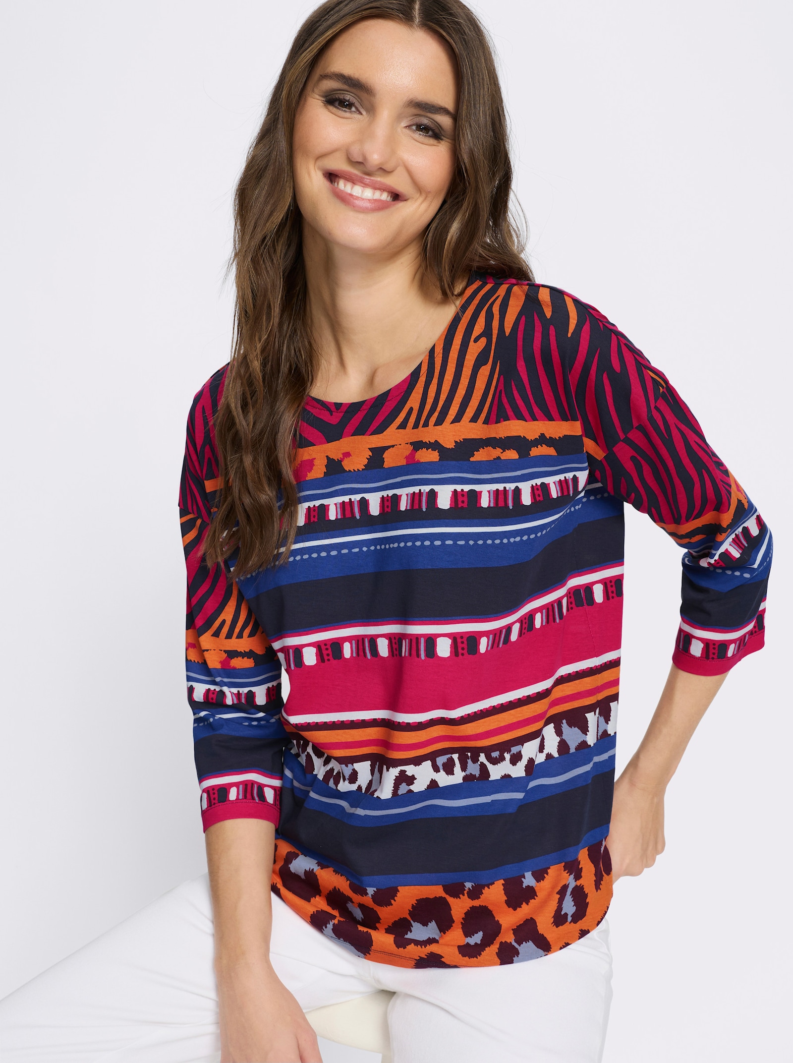 3/4-Arm-Shirt mit Animal-Streifen-Muster - orange-royalblau-bedruckt
