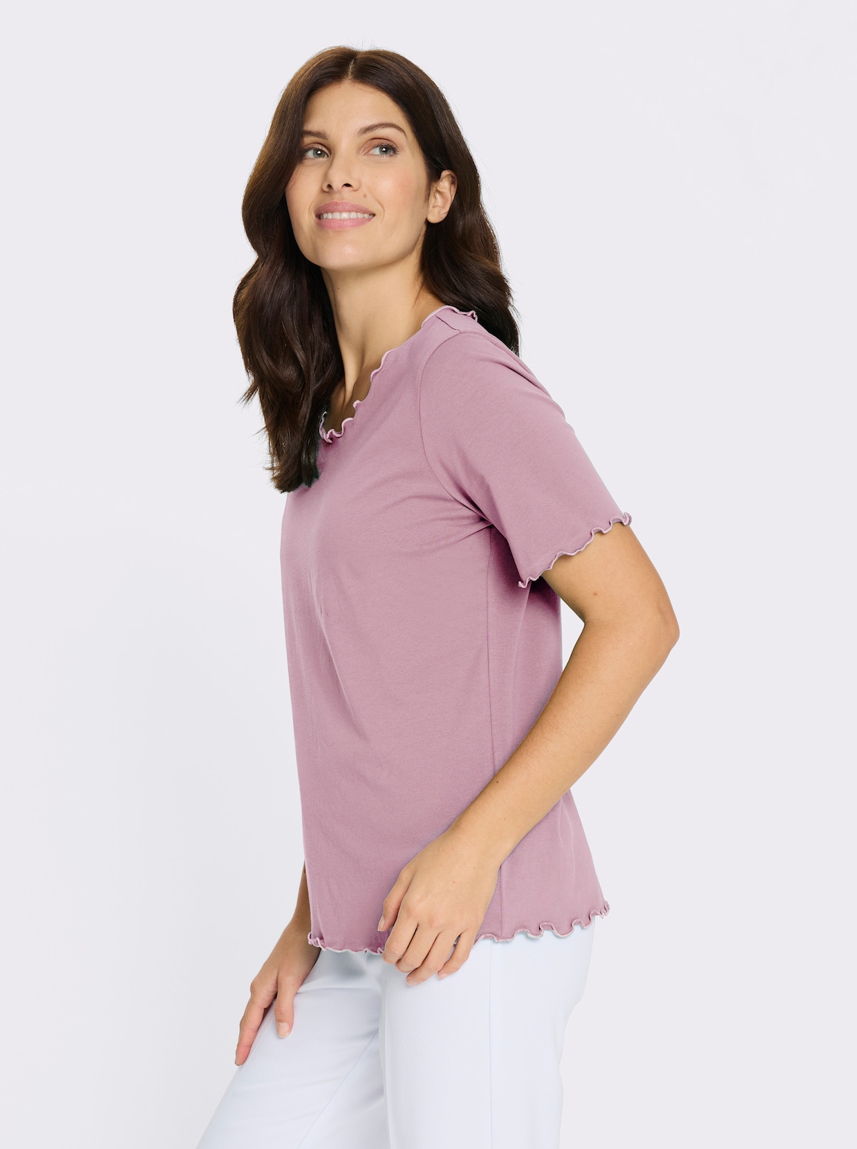 Kurzarmshirt mit gewellten Abschlüssen - rosé