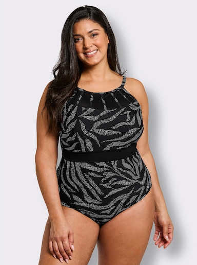 sheego Badeanzug mit Mesh-Einsatz und Shaping-Effekt - schwarz-weiß-bedruckt