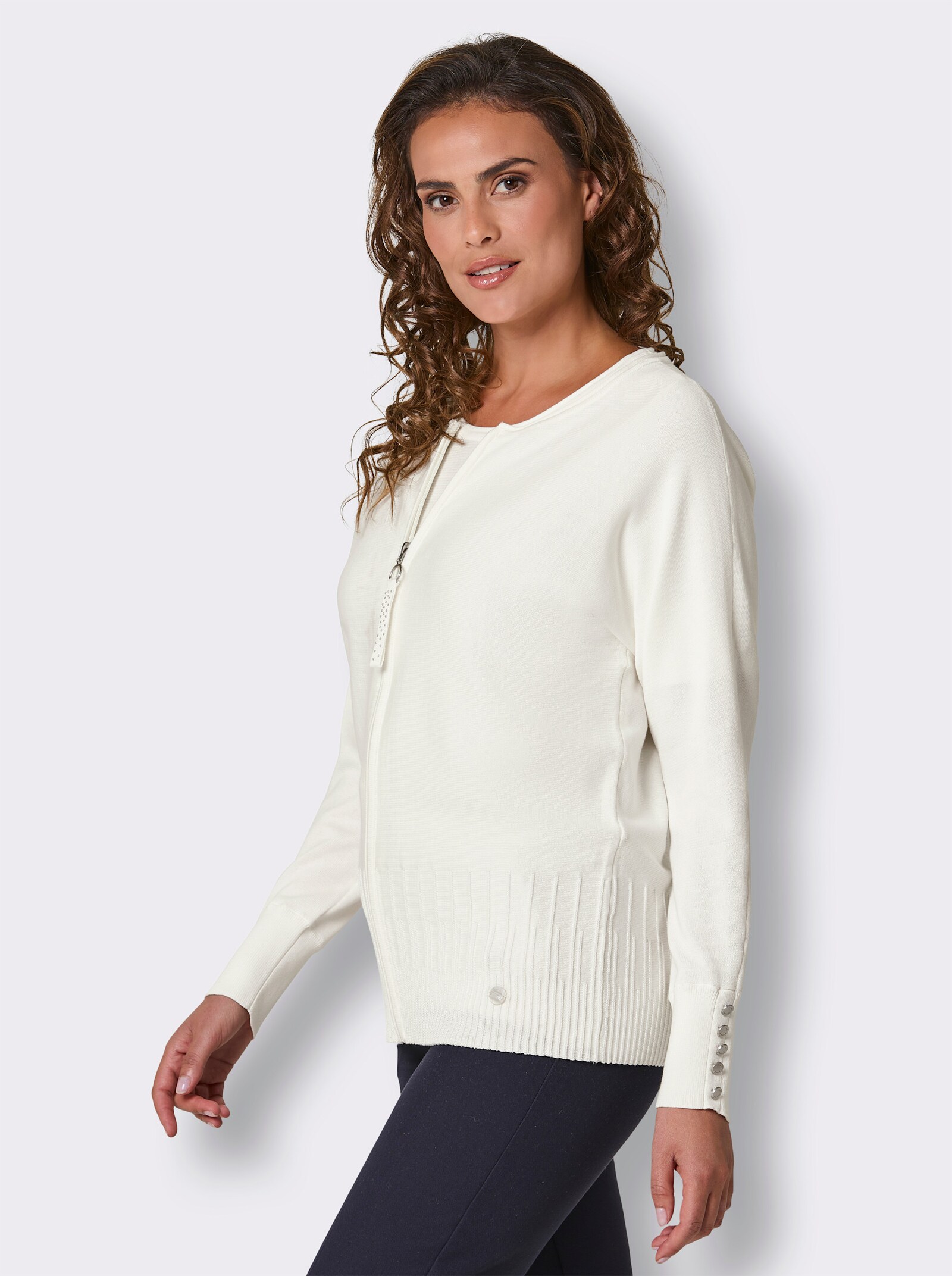 CREATION L PREMIUM Feinstrickjacke mit Fledermaus-Ärmeln - ecru