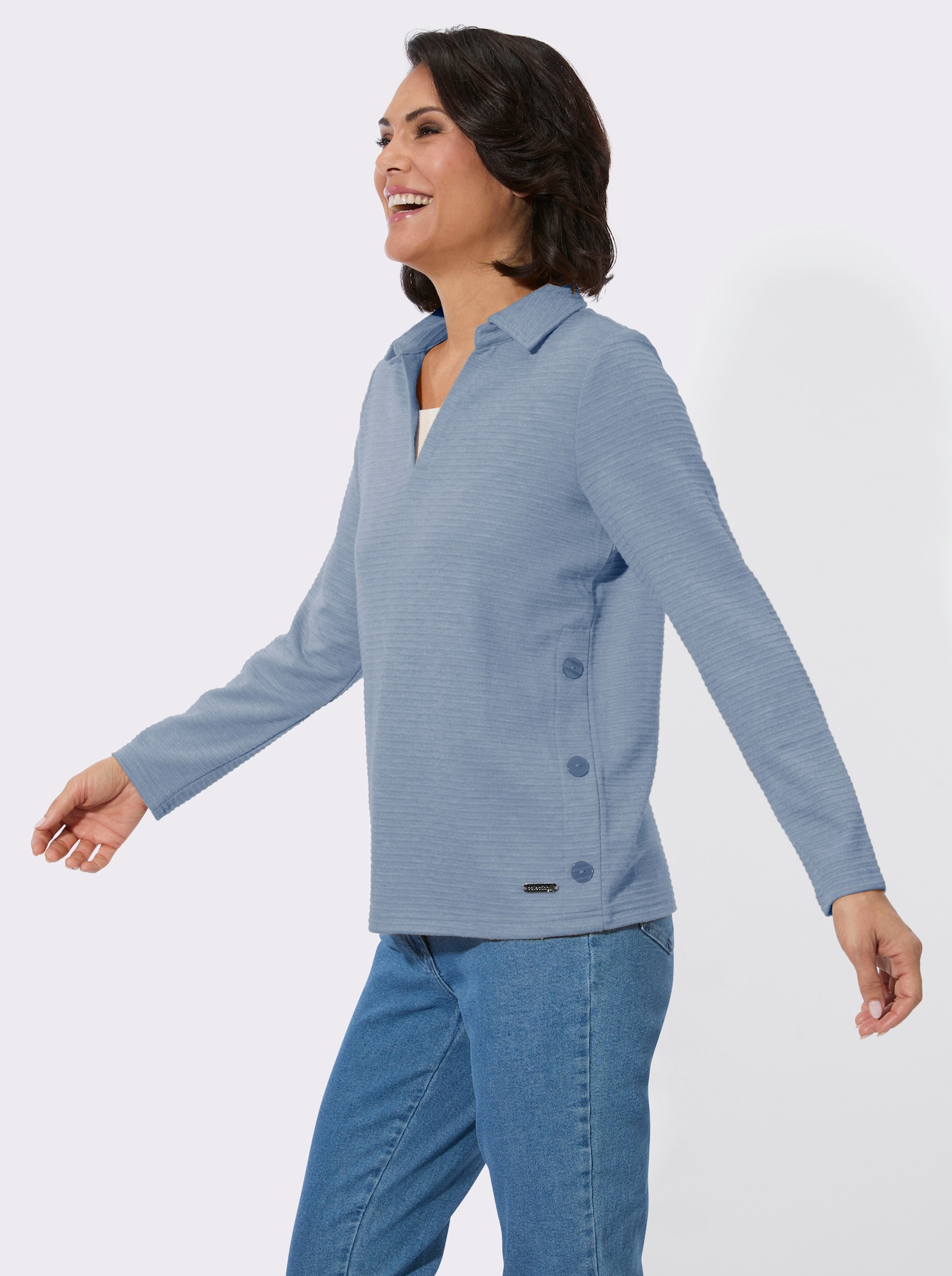 Poloshirt met knoopsluiting opzij - jeansblauw gemêleerd