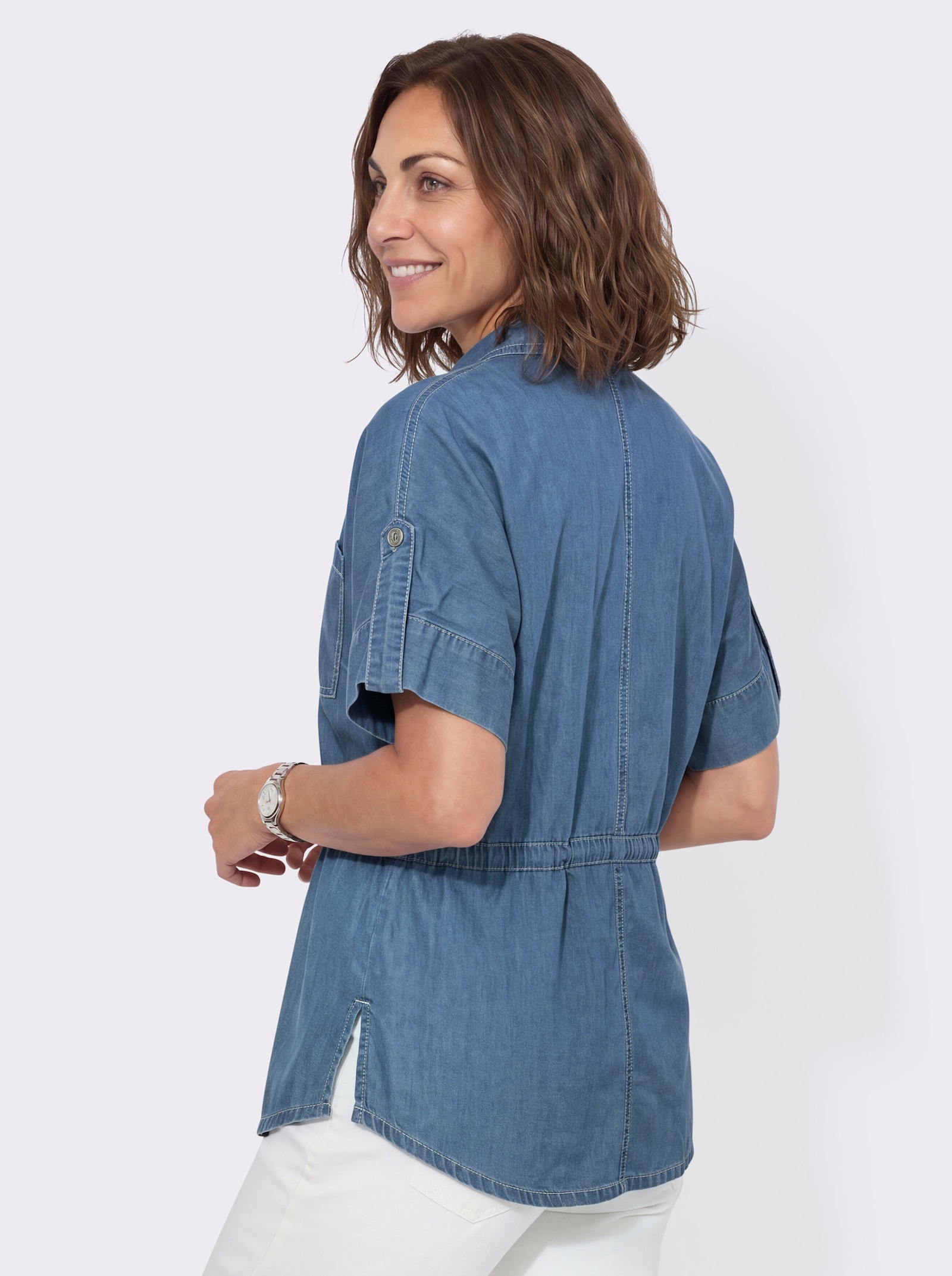 Jeansbluse mit regulierbarem Taillen-Kordelzug - blue-bleached