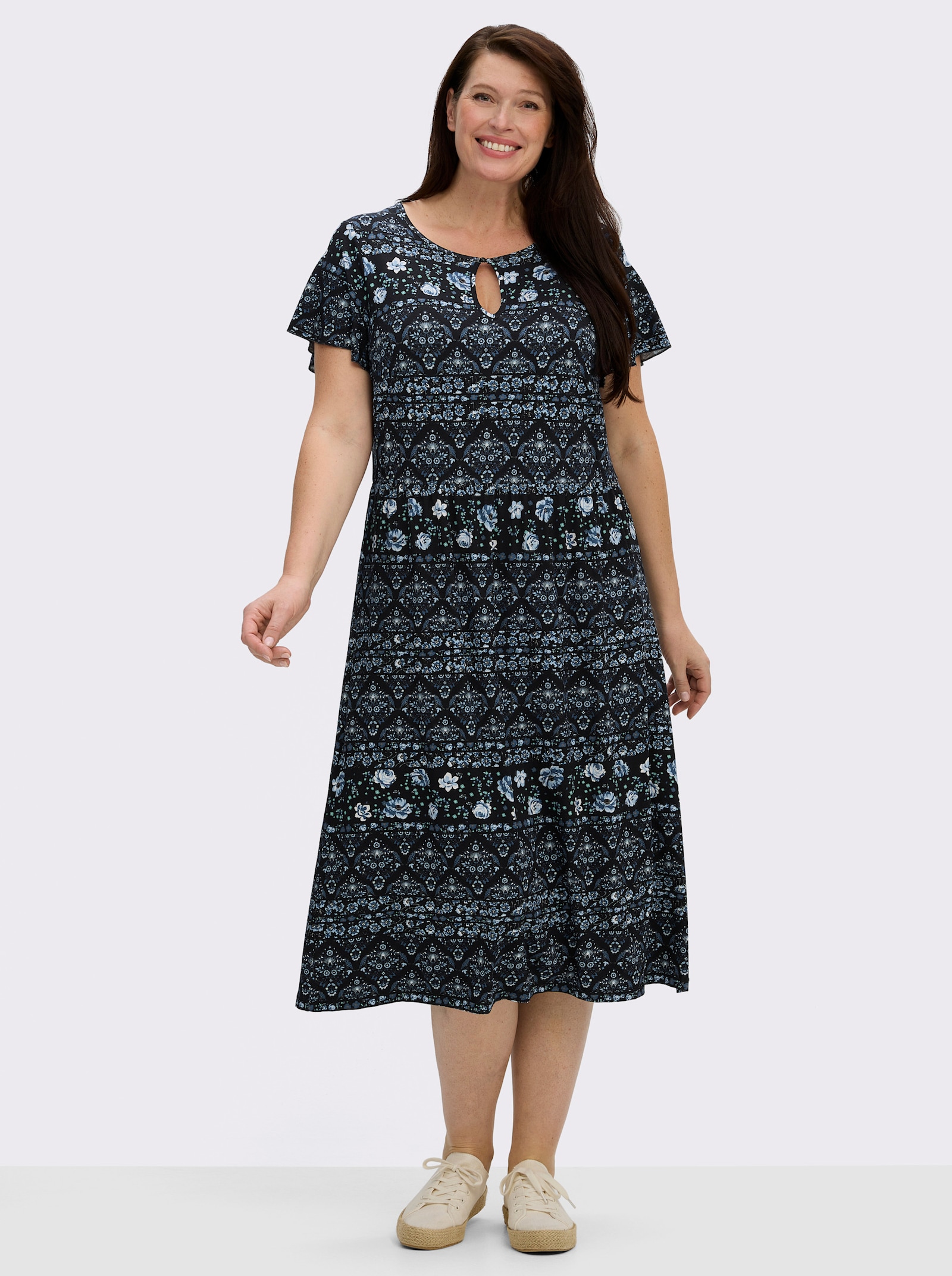 Jerseykleid mit Gummizug auf Taillenhöhe - jeansblau-schwarz-bedruckt