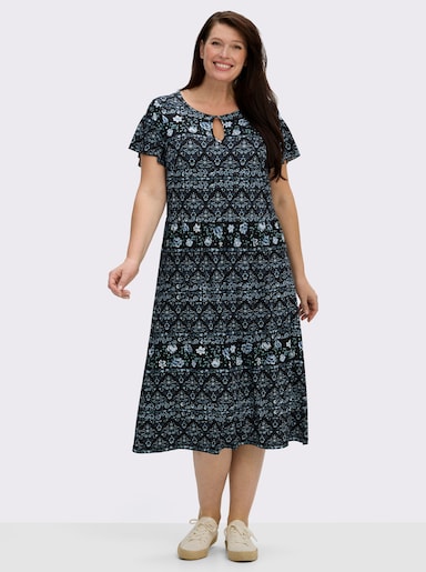 Jerseykleid mit Gummizug auf Taillenhöhe - jeansblau-schwarz-bedruckt