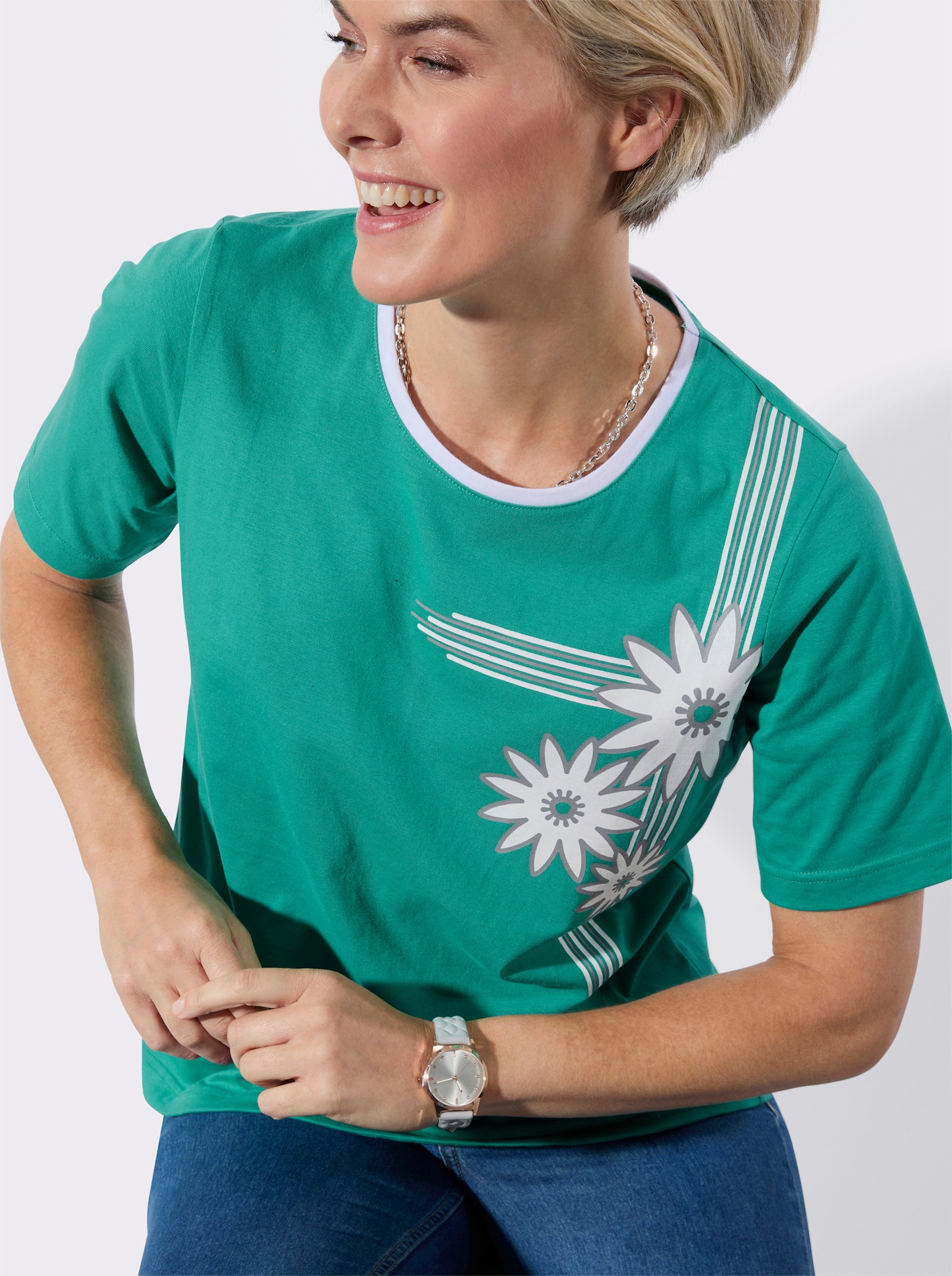 Kurzarmshirt mit platziertem Blütenprint - smaragd