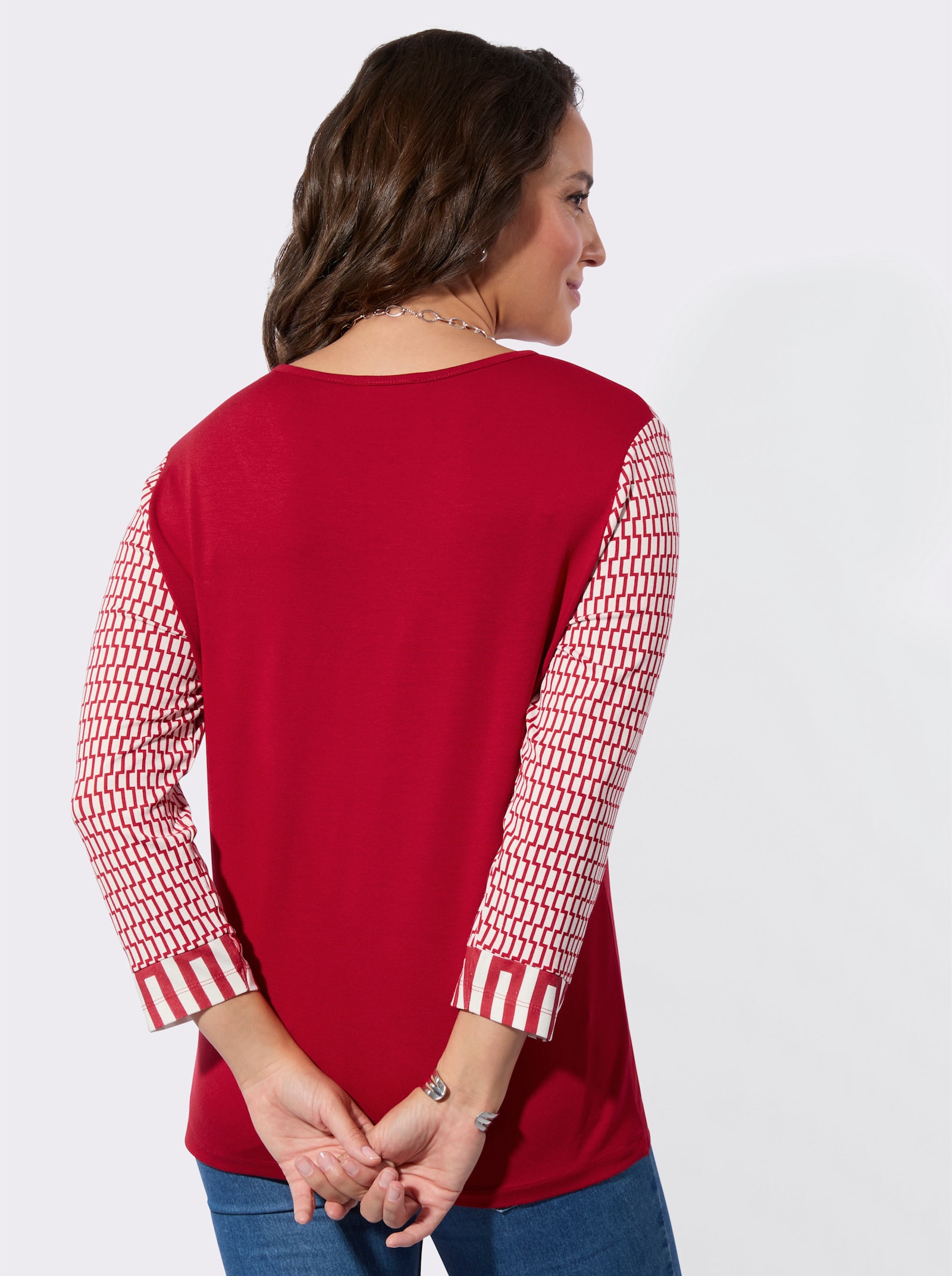 3/4-Arm-Shirt mit Mesh-Einsatz am Ausschnitt - rot-ecru-bedruckt