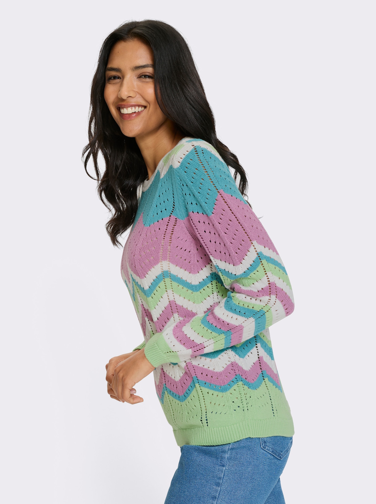 Ajourpullover im gewellten Streifen-Dessin - ecru-ozean-gemustert