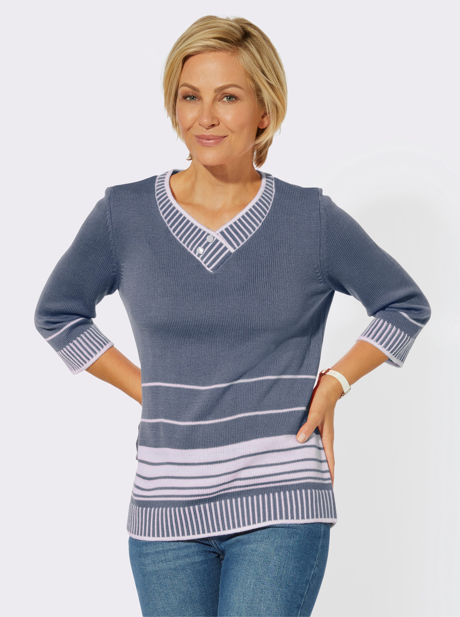 3/4 Arm-Pullover mit überlappendem V-Ausschnitt - taubenblau-weiß-gestreift