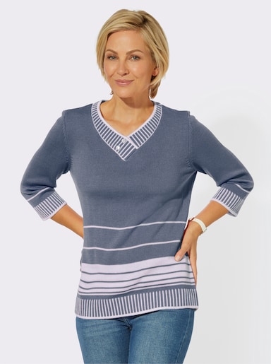 3/4 Arm-Pullover mit überlappendem V-Ausschnitt - taubenblau-weiß-gestreift