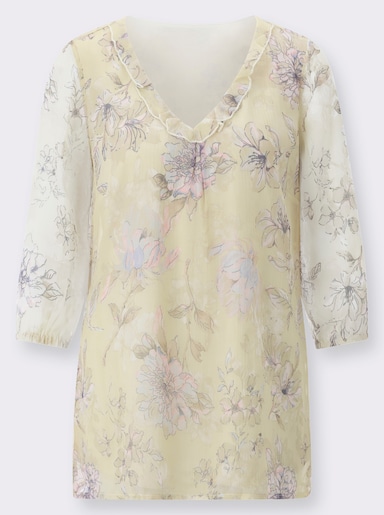 Schlupfbluse mit Volant am Ausschnitt - sand-hortensie-bedruckt