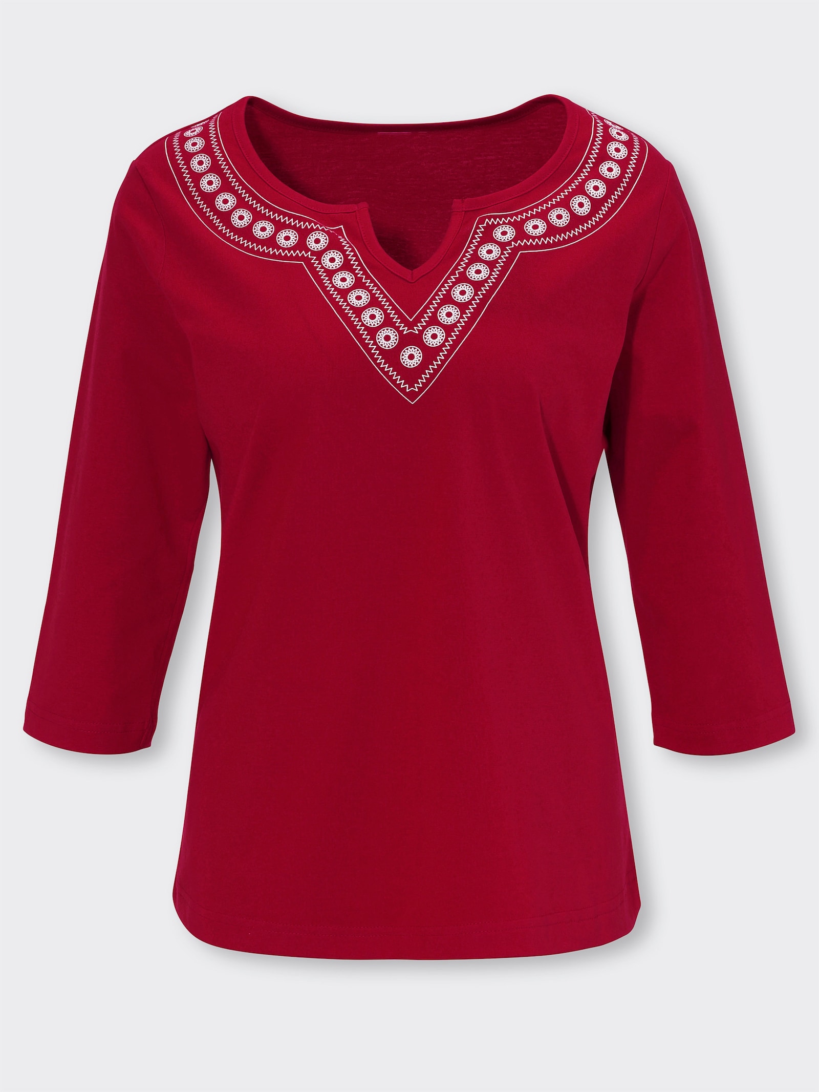 Tričko, 3/4 rukávy, etno vzor na výstrihu - červená