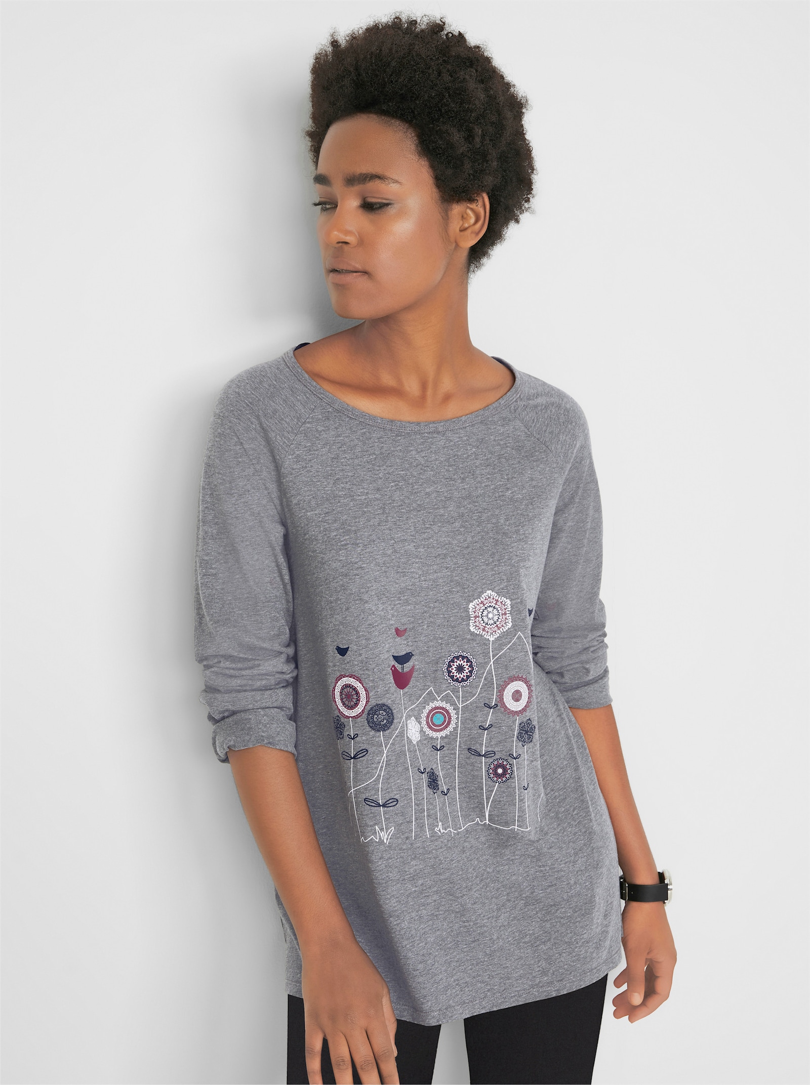 Longshirt mit Raglan-Ärmeln - steingrau-ecru-bedruckt