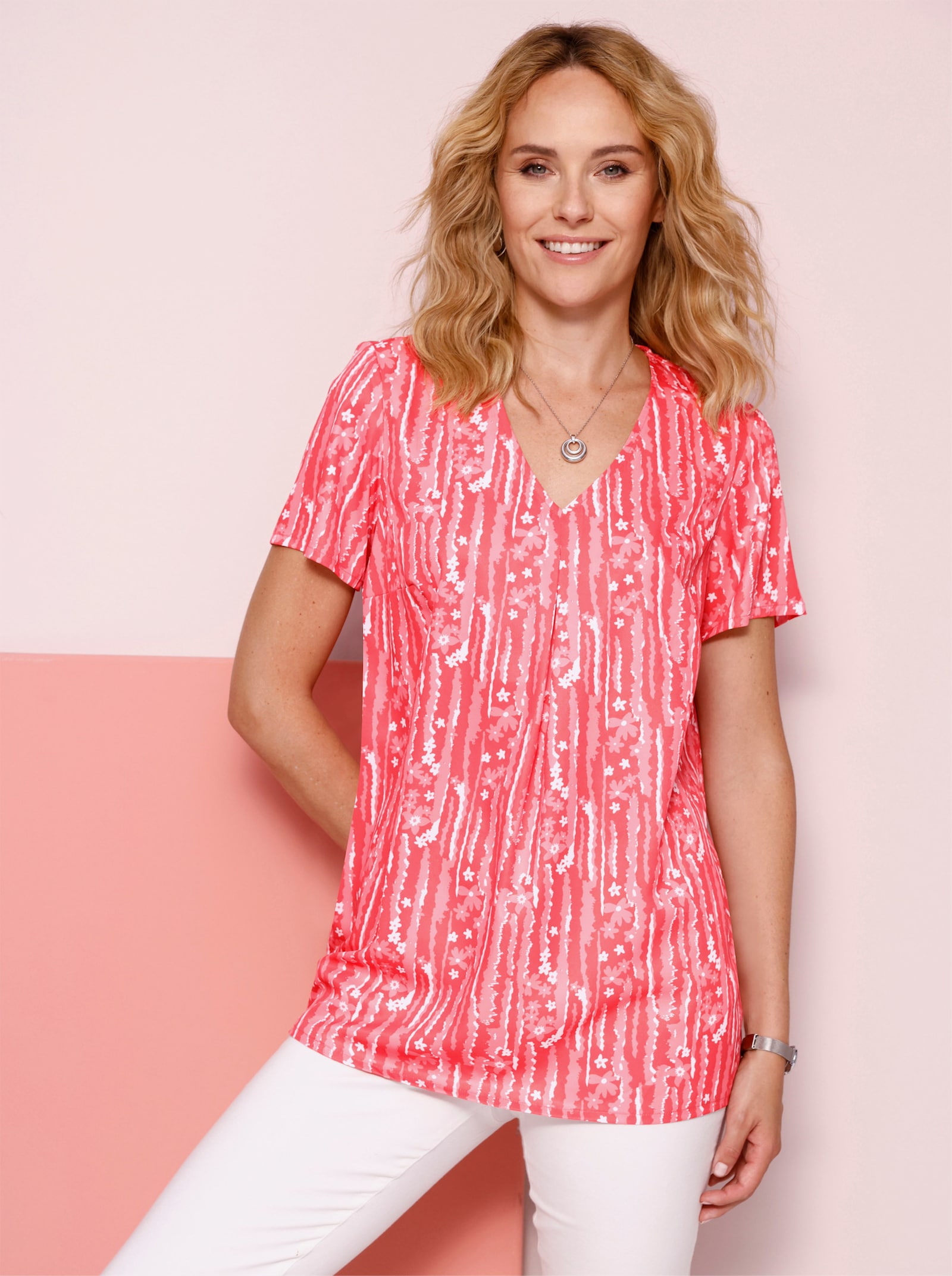 Tunika rozšířeného navlékacího střihu - grepová-ecru-potisk