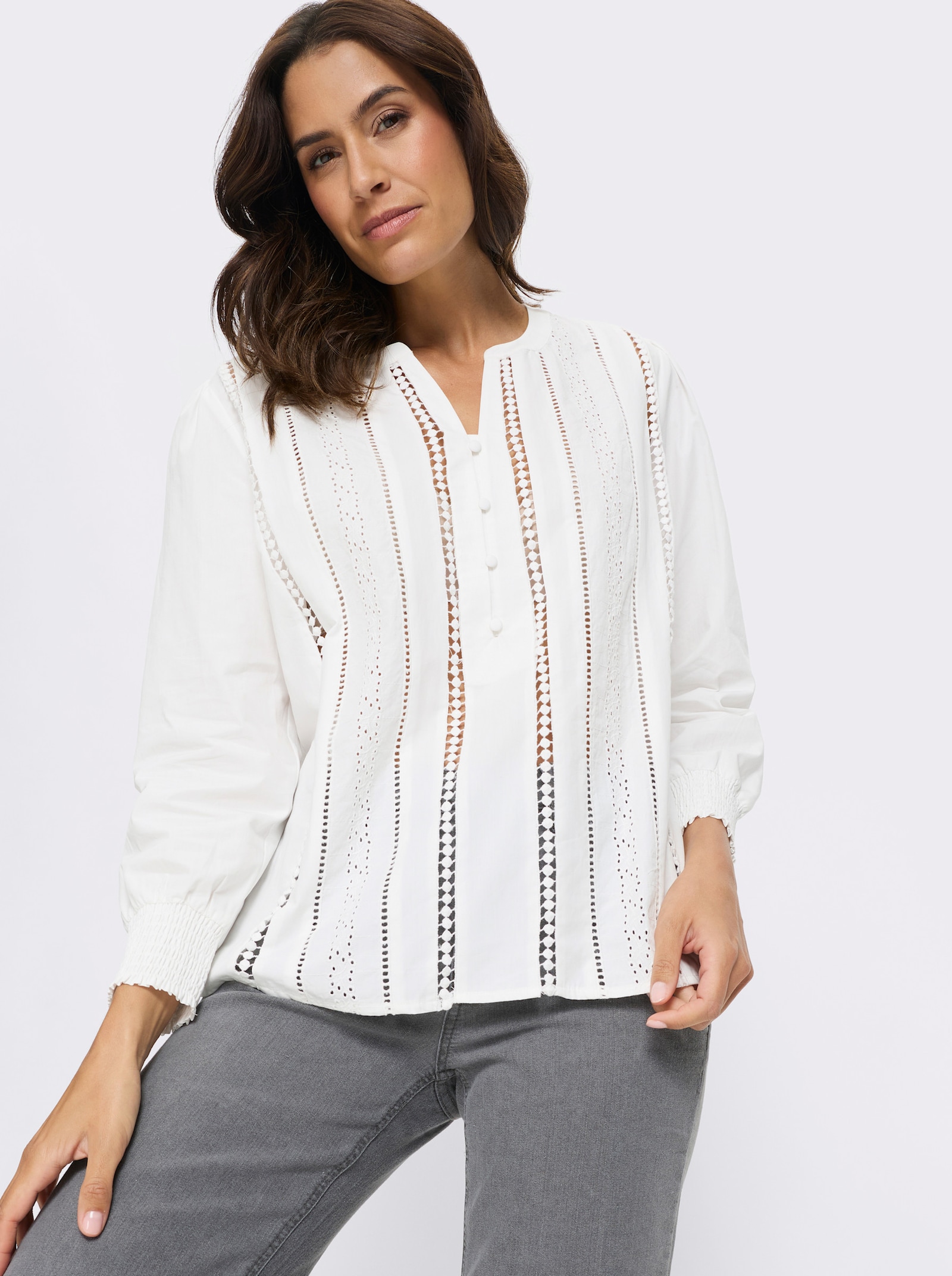 Baumwollbluse mit gesmoktem Saum - ecru