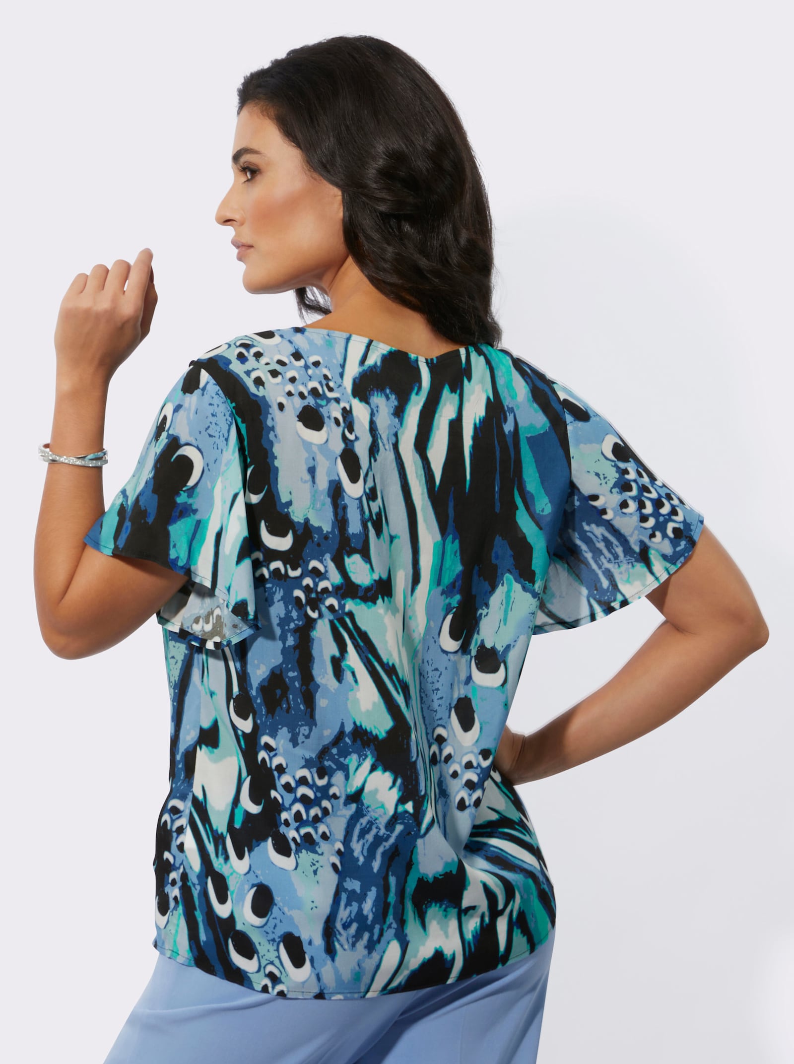 Druckbluse reine, weiche Modal-Qualität - himmelblau-schwarz-bedruckt