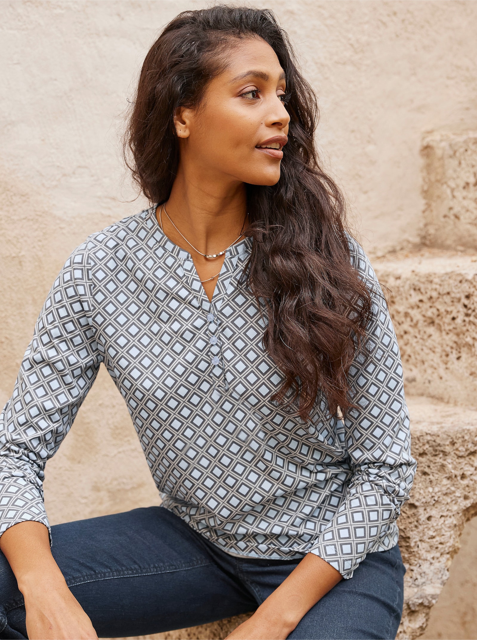 heine Langarmshirt mit Minimal-Print - grau-hellblau-bedruckt