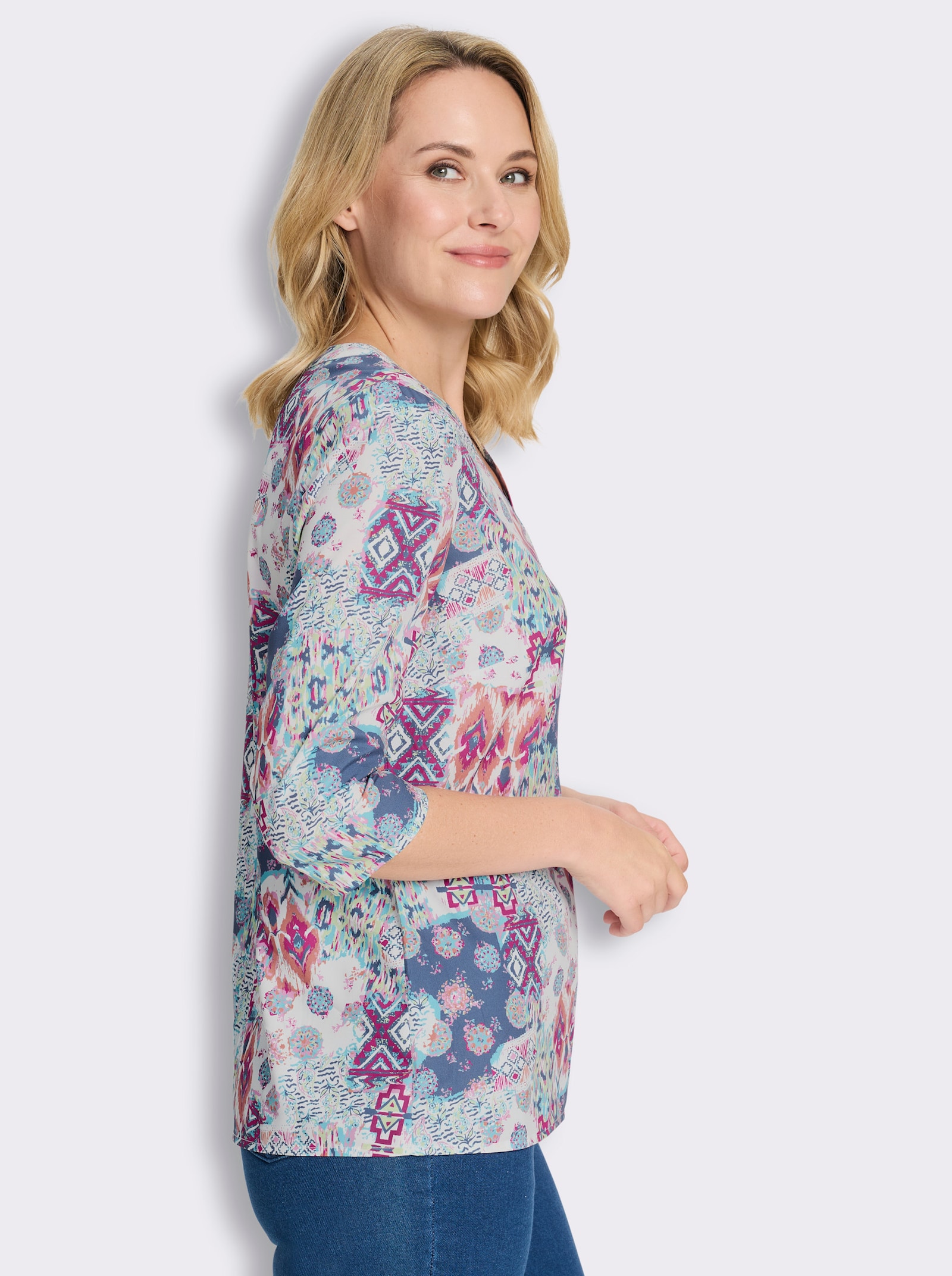 Schlupfbluse mit Patchwork-Muster - jeansblau-magenta-bedruckt