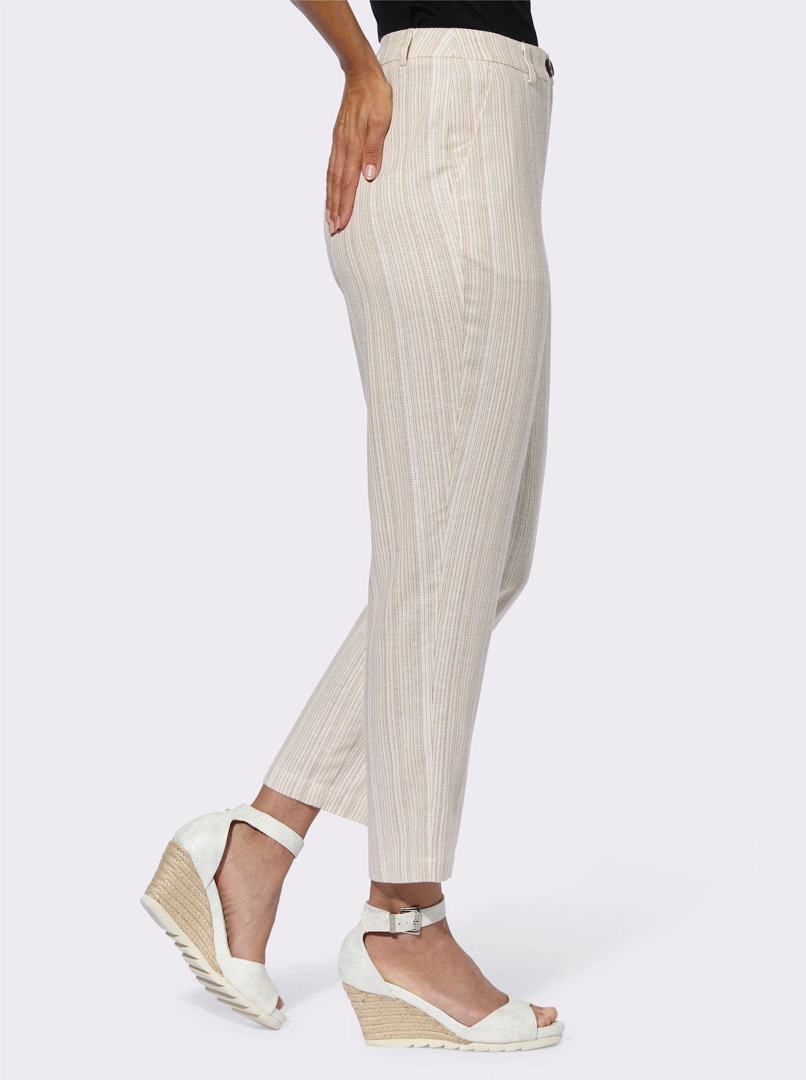 Linnen broek met jacquardpatroon - champagne/sesam gestreept