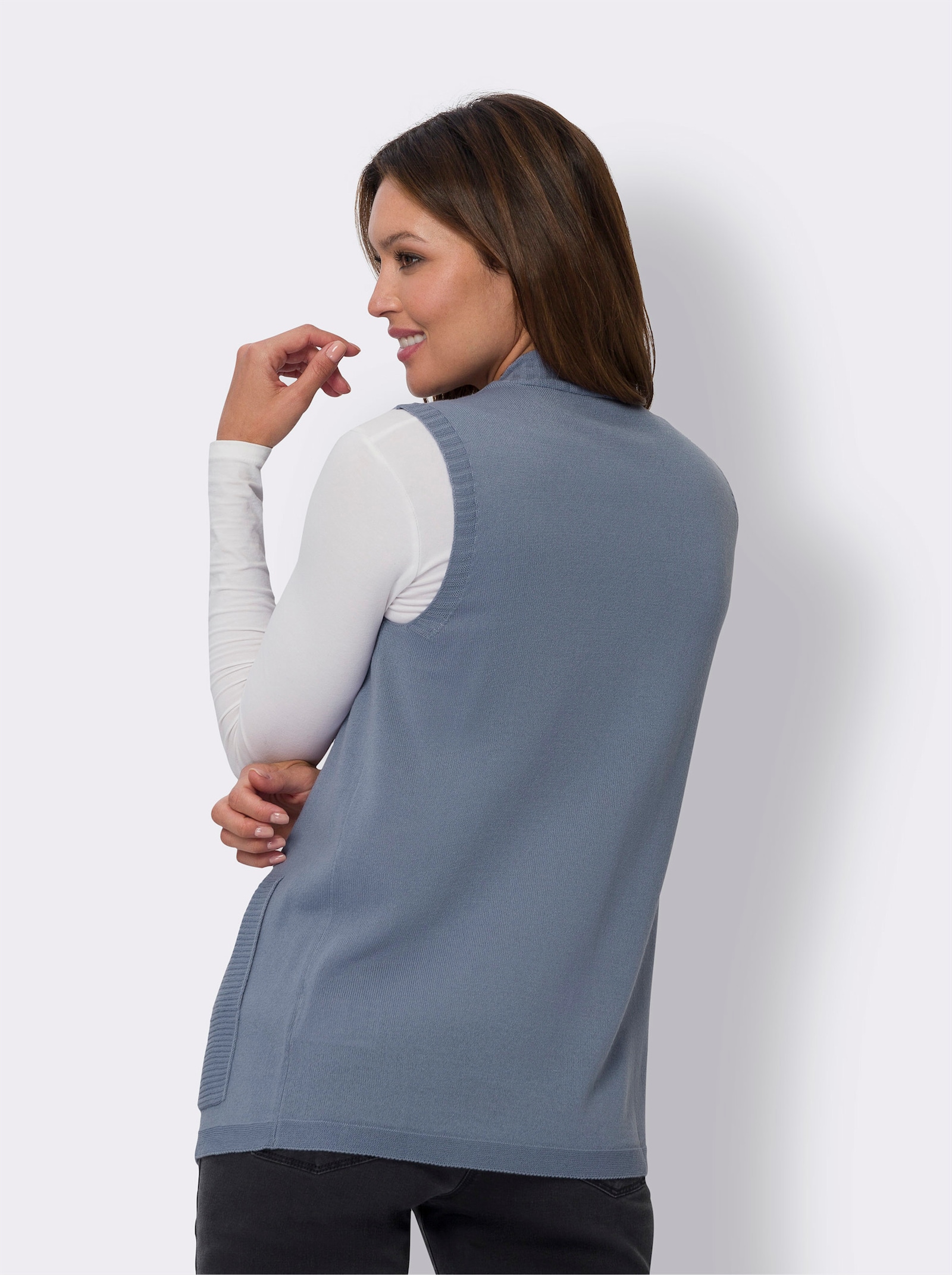 Pletená vesta bez zapínania - modrosivá