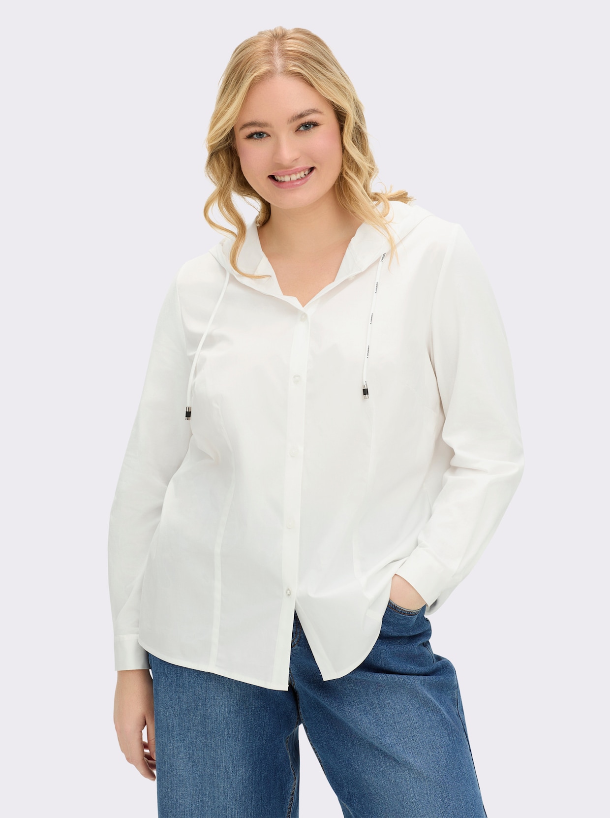 Langarmbluse mit Kapuze - ecru