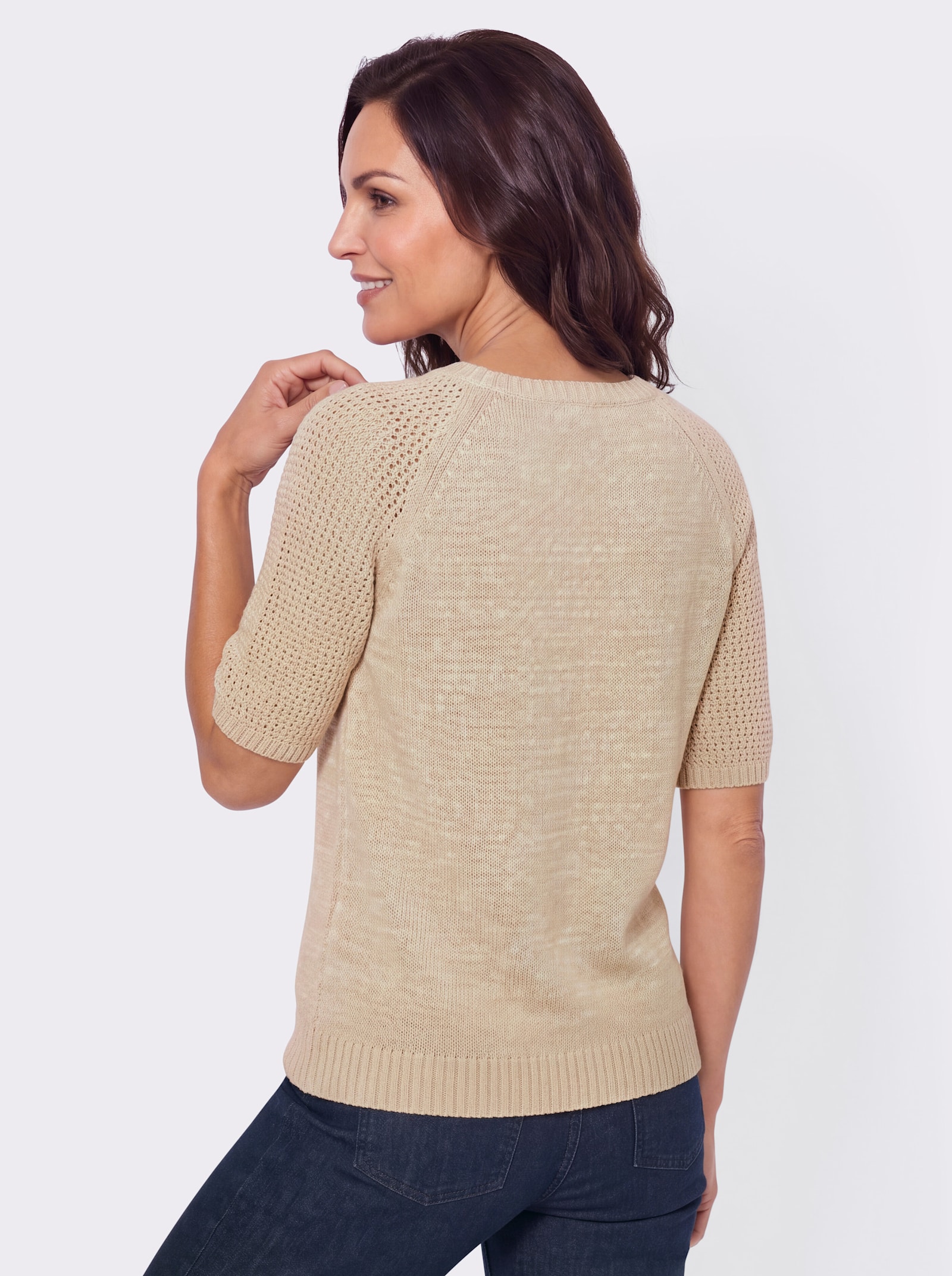 Kurzarmpullover im Strickmuster-Mix - sand-ecru-meliert