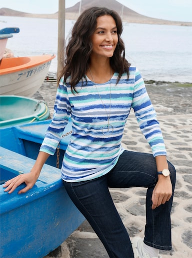 Rundhalsshirt im Ringelmuster - mint-ecru-bedruckt