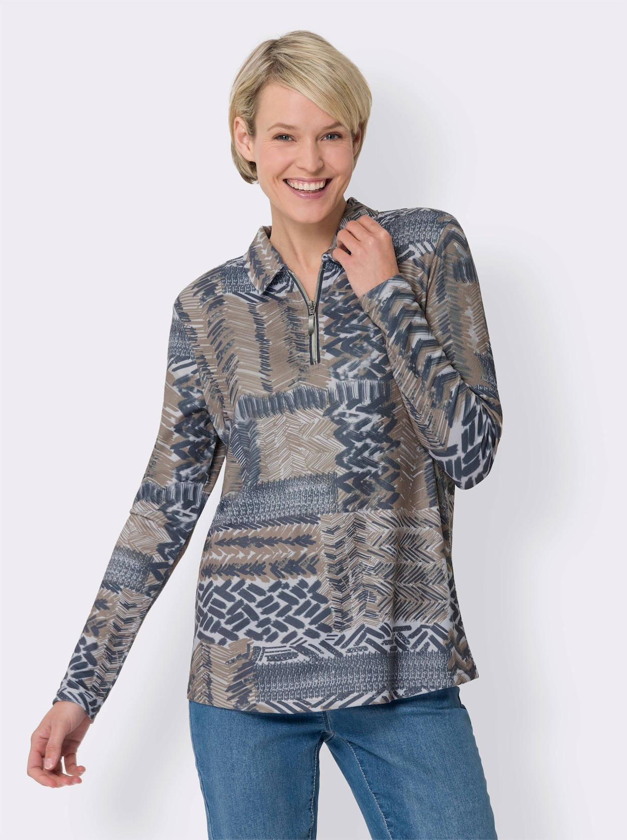 Poloshirt met lange mouwen - ecru/grijs bedrukt
