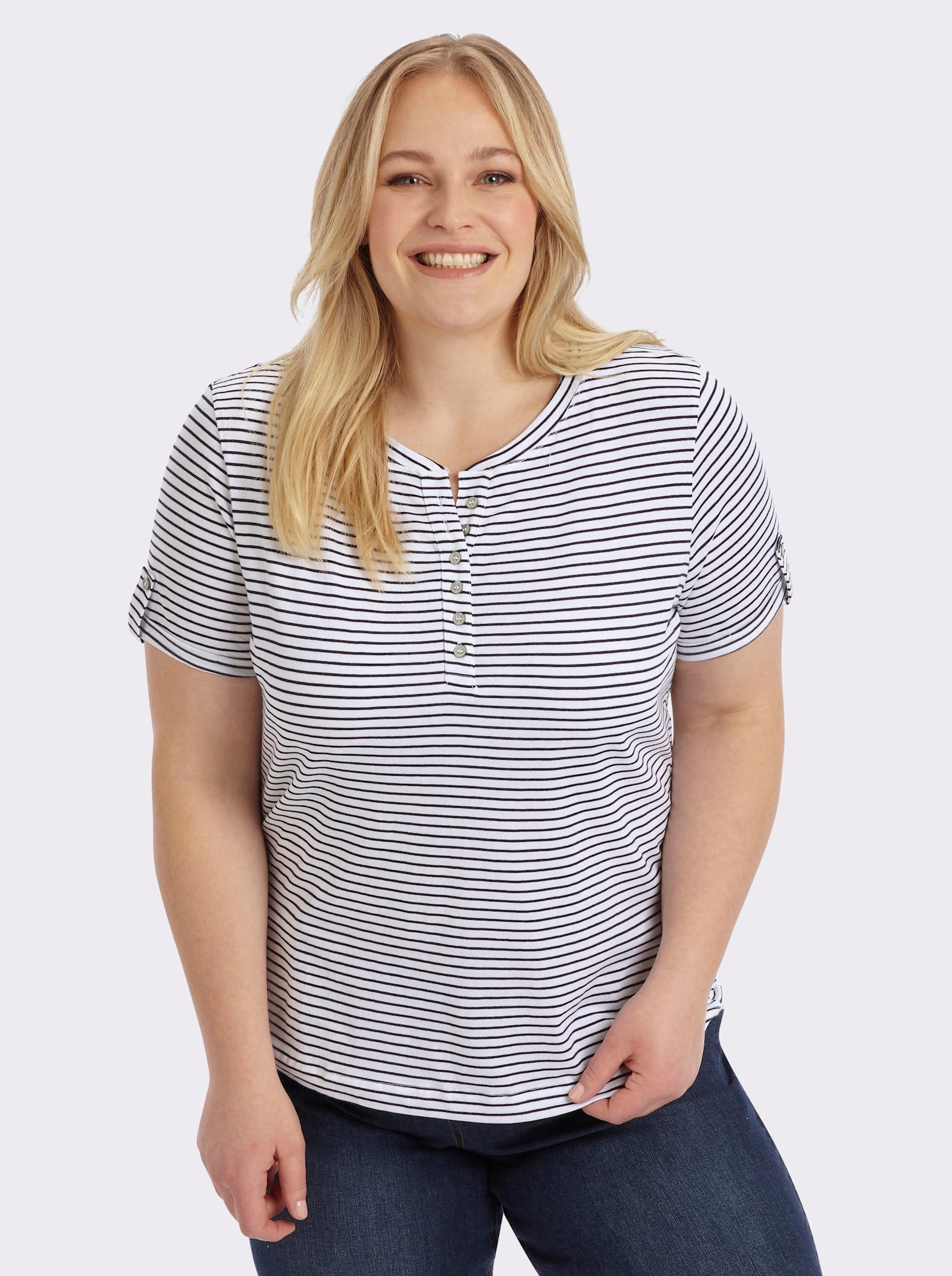 Kurzarmshirt mit fixiertem Ärmel-Aufschlag - marine-geringelt