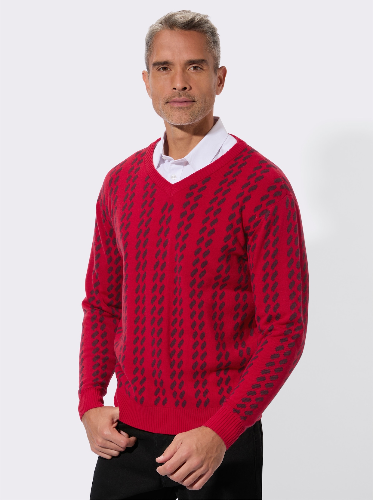 Svetr s výstřihem do V s grafickým pleteným vzorem - červená-burgundská