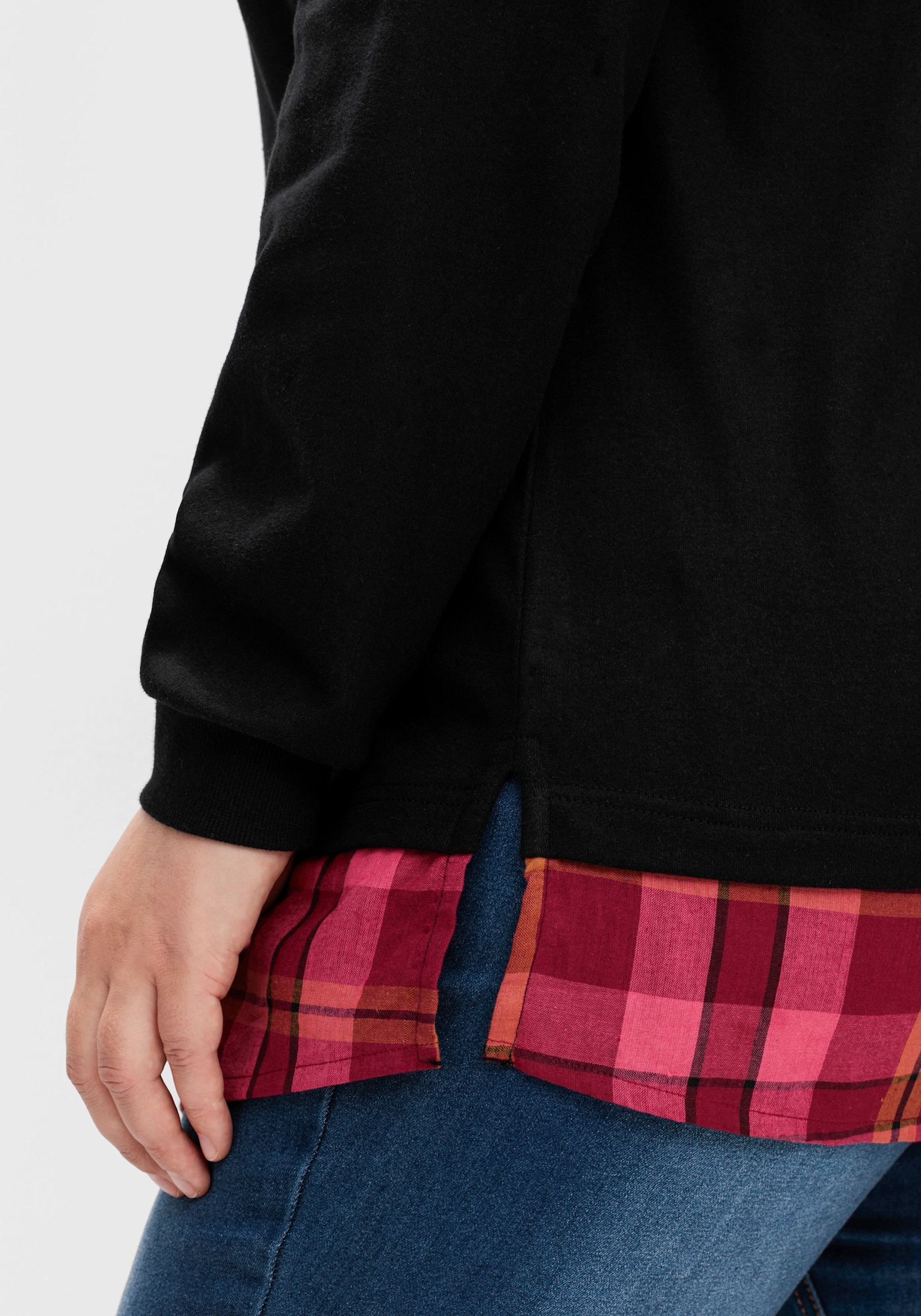 sheego Sweatshirt mit Flanell-Details - schwarz