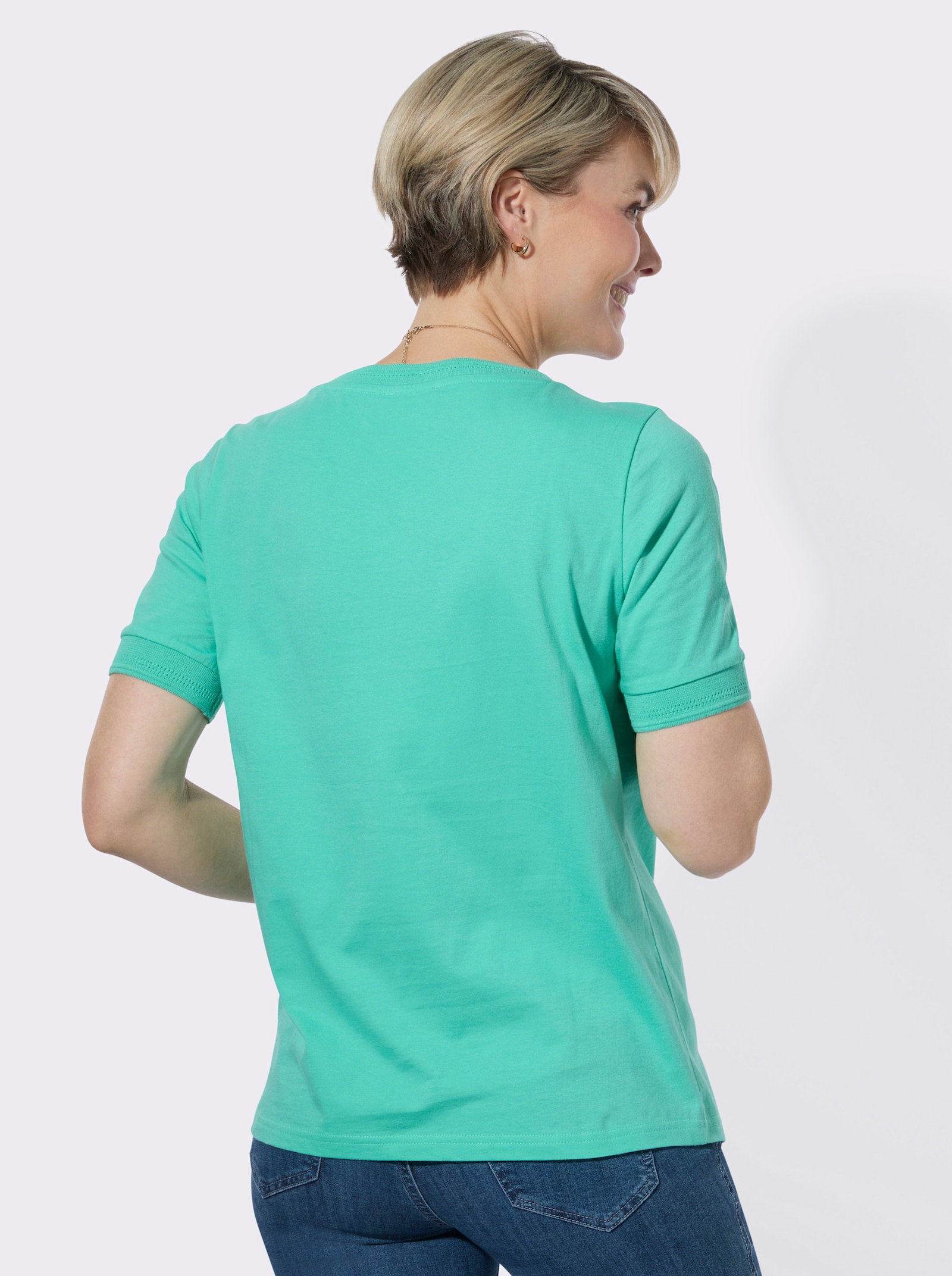 Rundhalsshirt mit Ajourmuster an Kragen und Ärmeln - blaugrün