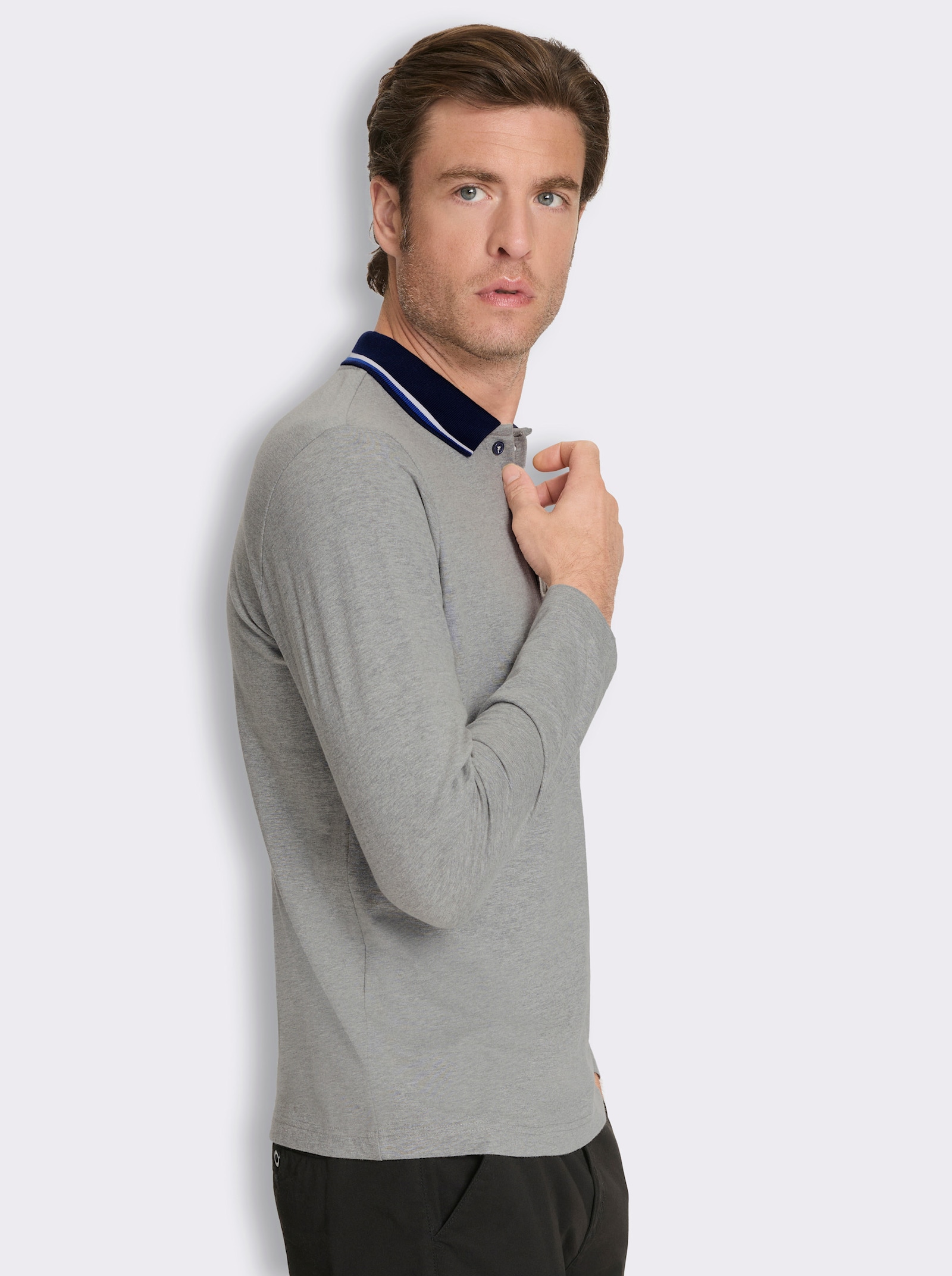 Langarm-Poloshirt mit Brusttasche - grau-meliert