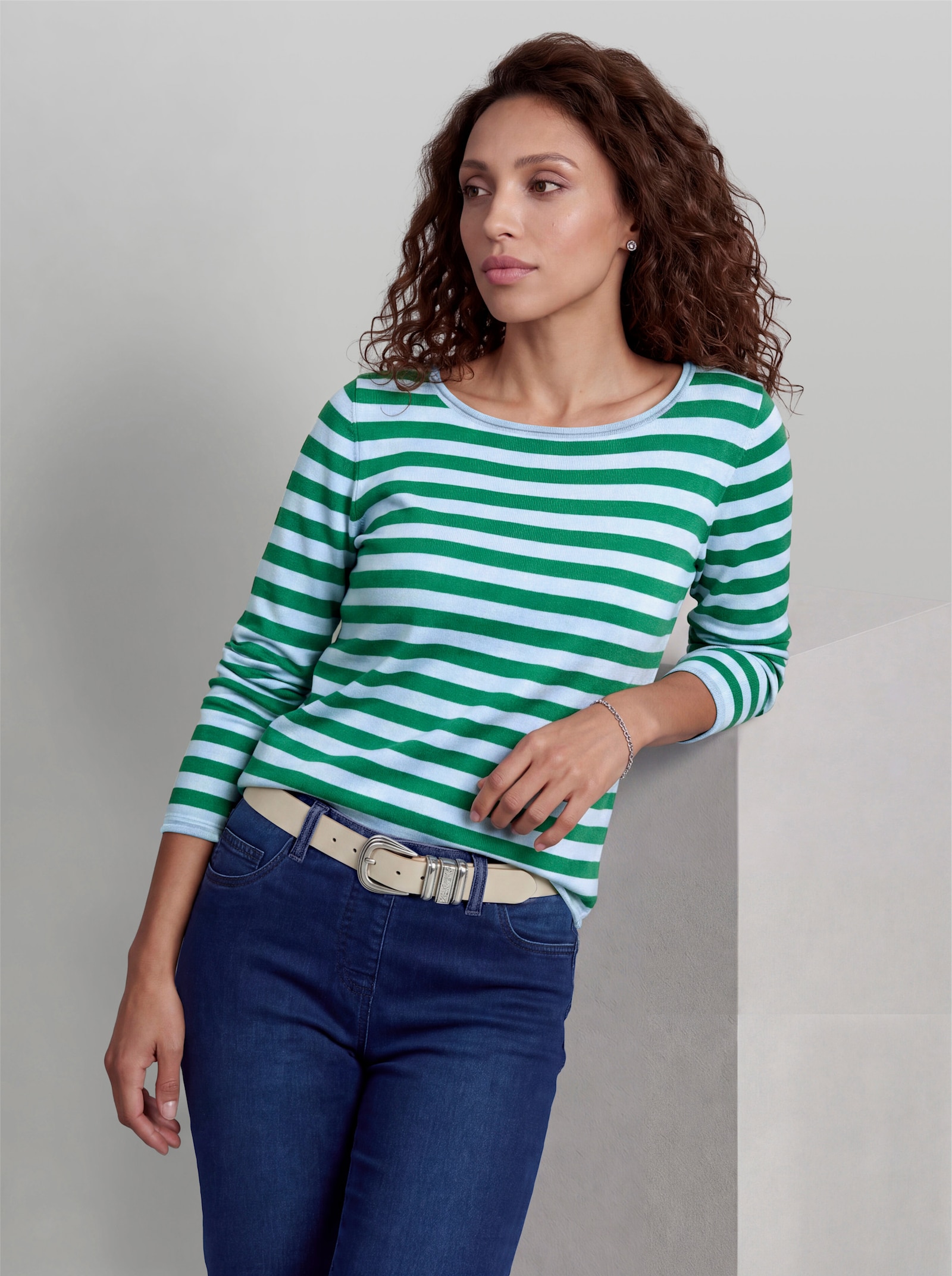 heine Feinstrickpullover mit Rollbündchen - grün-hellblau-geringelt