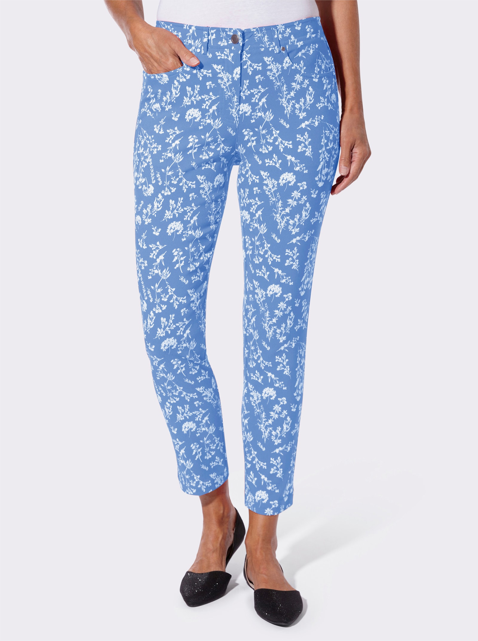 Bengalinhose mit floralem Druck - himmelblau-ecru-bedruckt