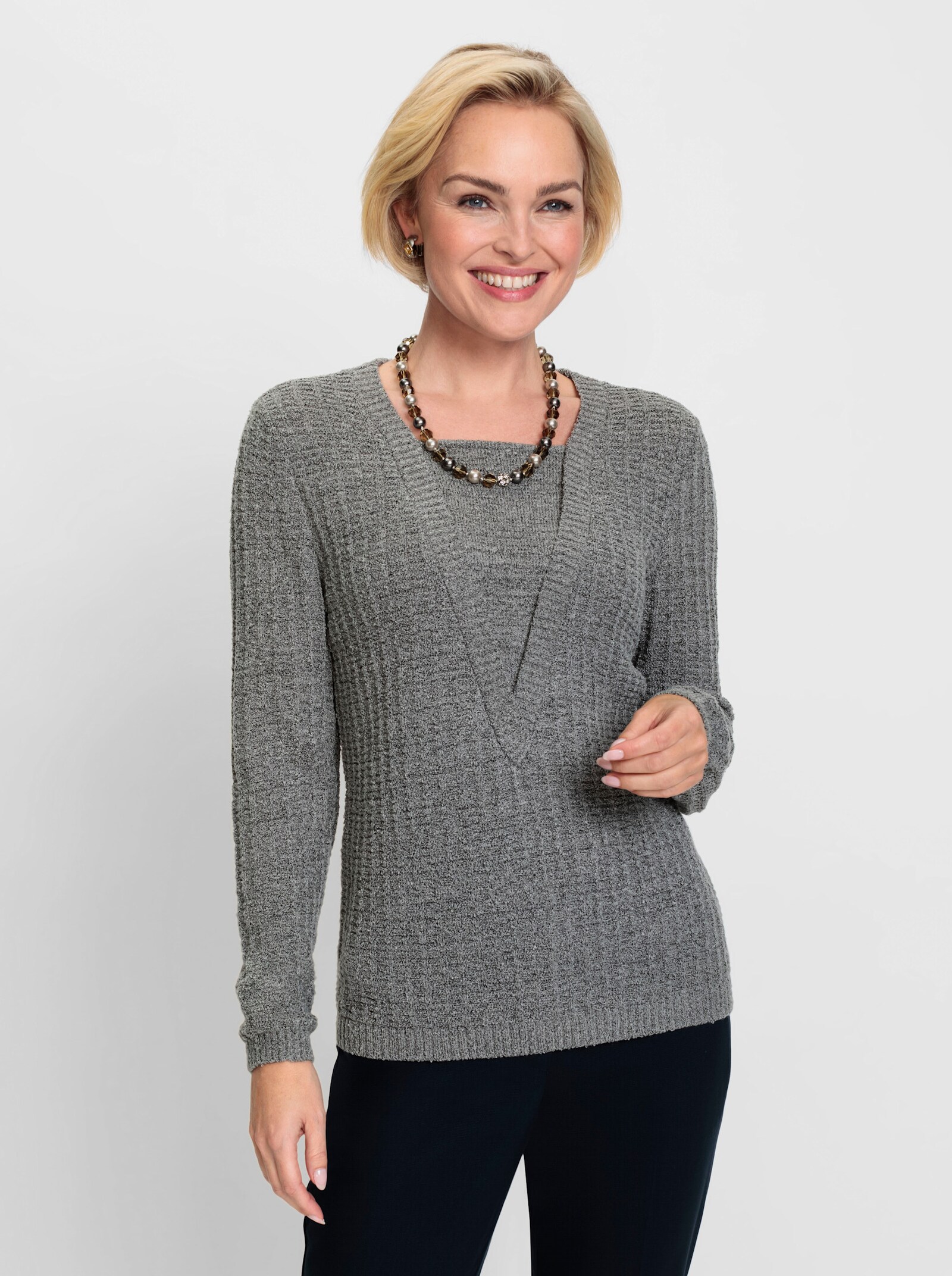 Bouclé-Pullover in 2-in-1-Optik - steingrau-meliert