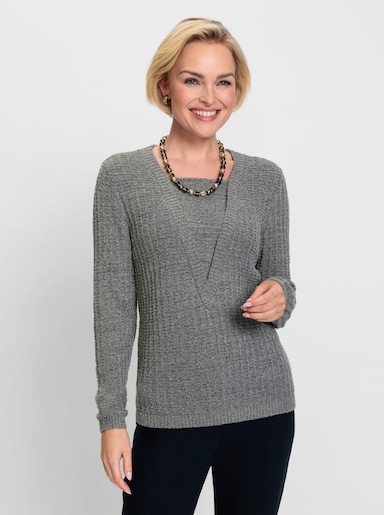 Bouclé-Pullover in 2-in-1-Optik - steingrau-meliert