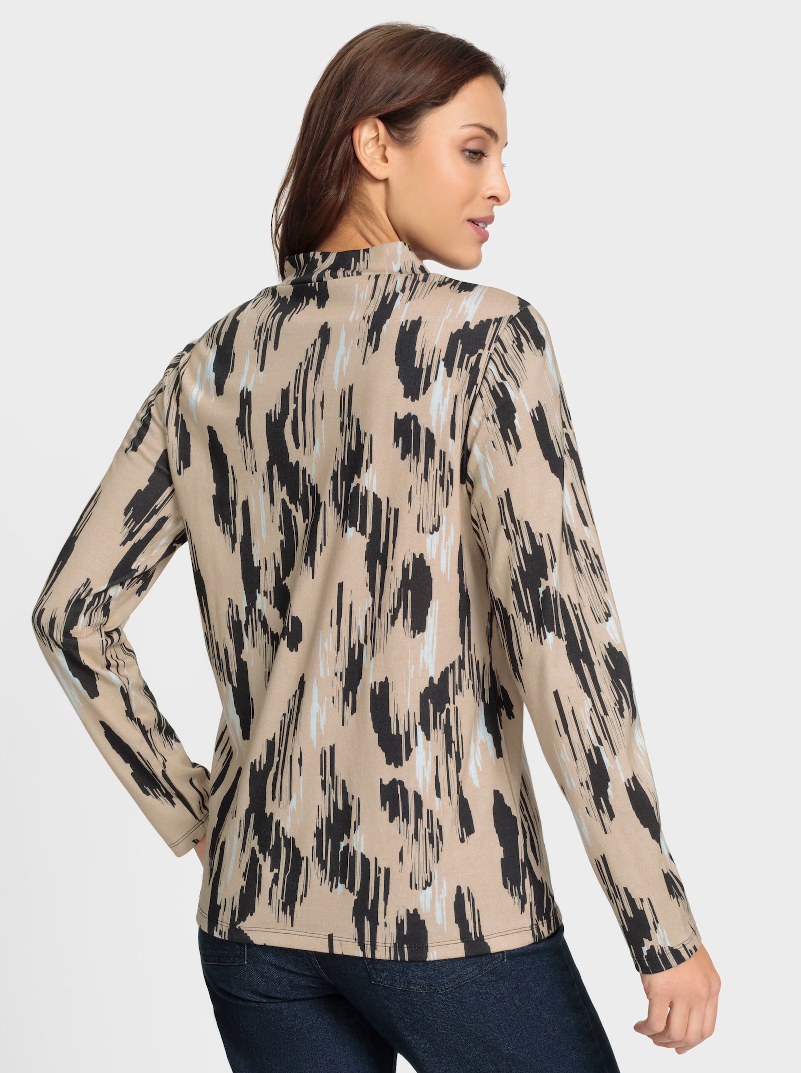 Stehkragenshirt im Baumwoll-Modal-Mix - beige-schwarz-gemustert