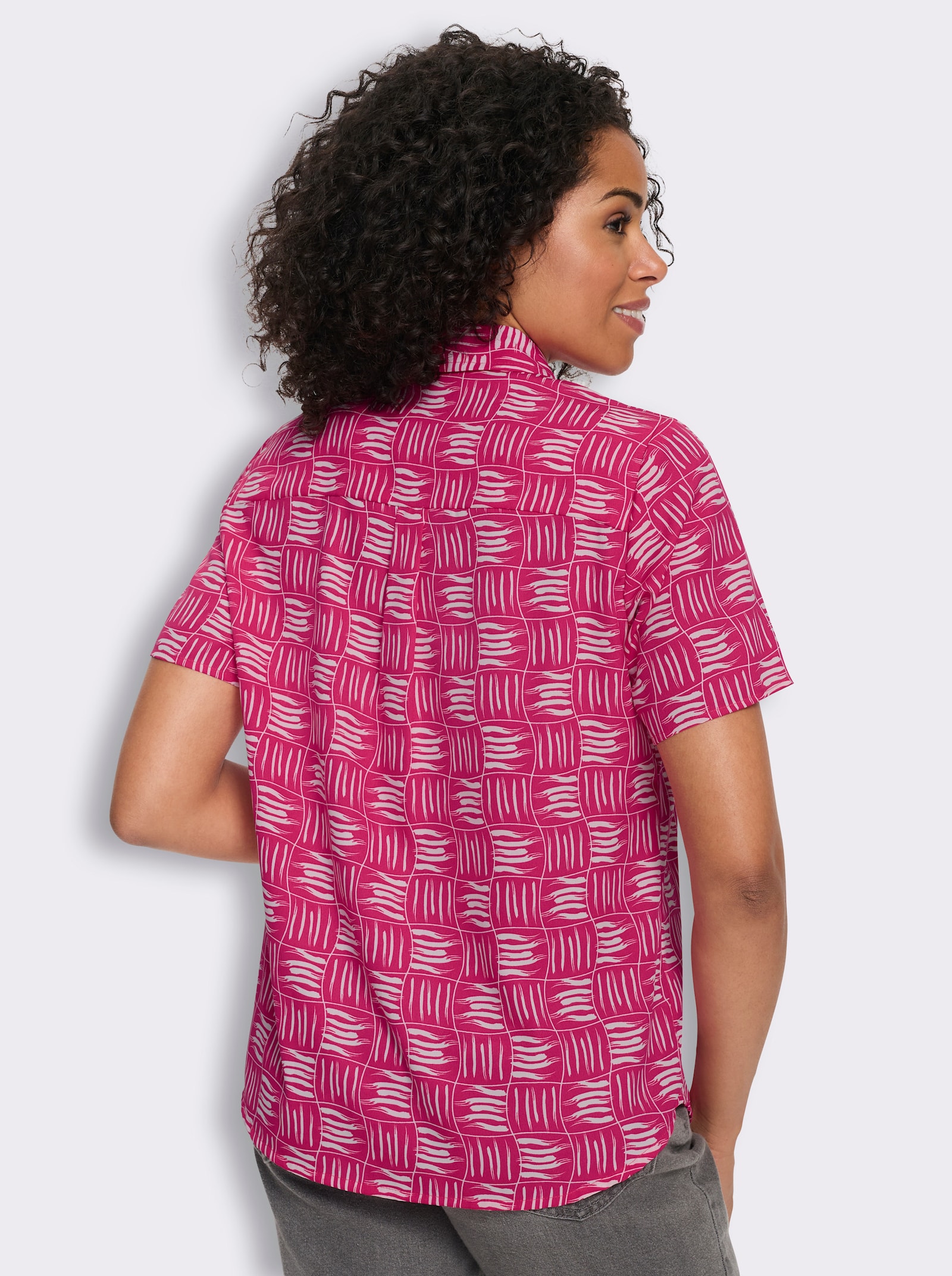 Kurzarm-Bluse mit Hemdkragen - pink-ecru-bedruckt