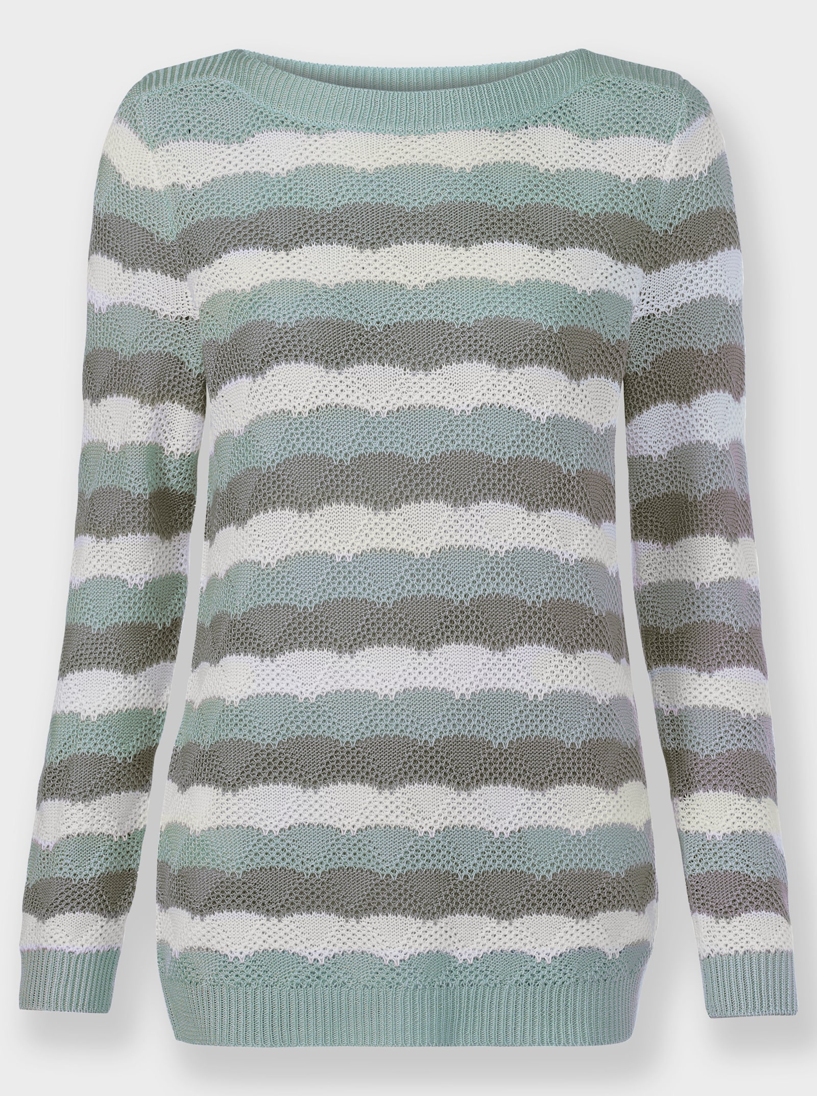 Langarm-Pullover mit Einstrickmuster - kalkmint-steingrau-geringelt
