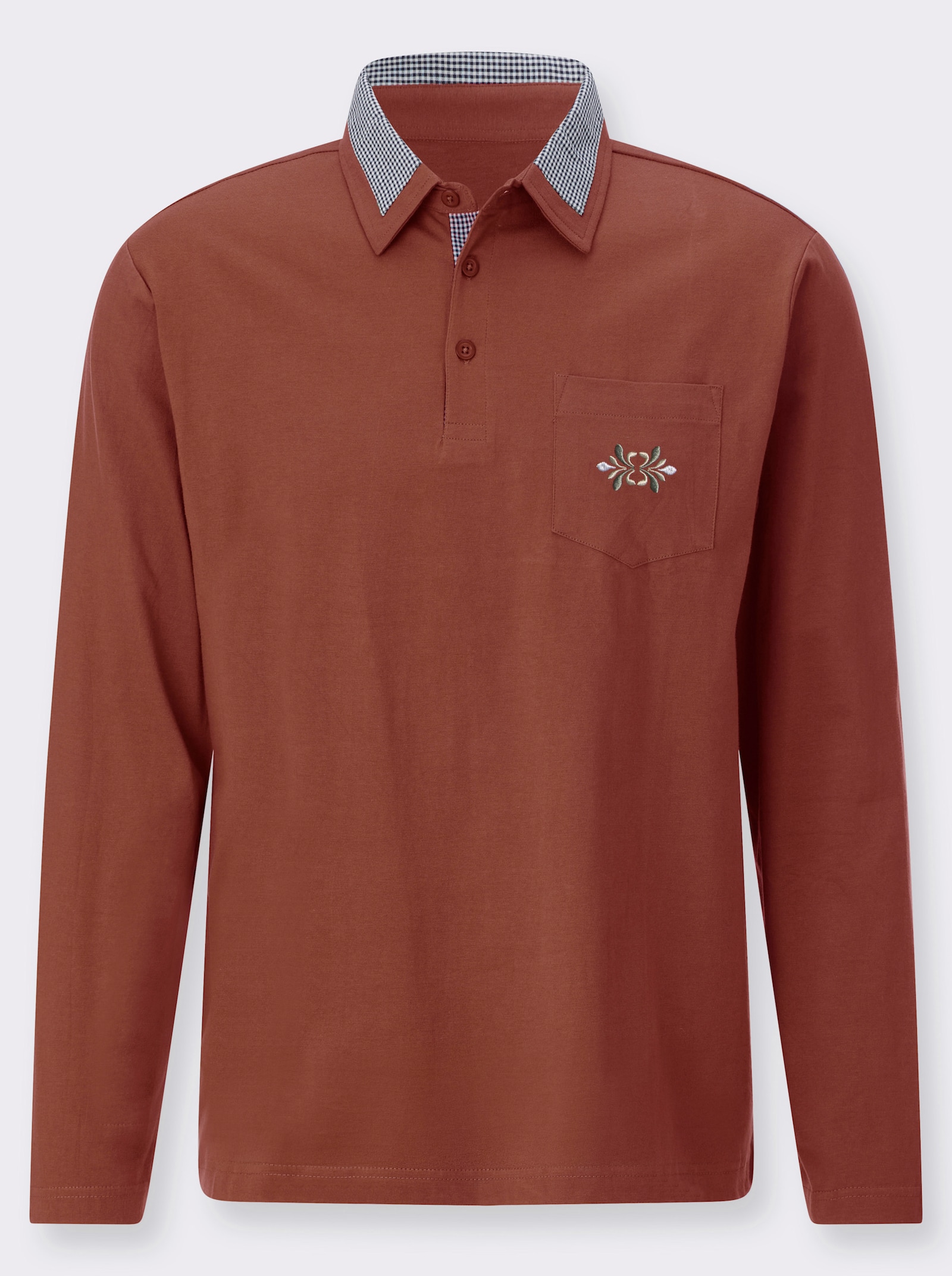Langarm-Poloshirt mit Webkaro-Details - rotbraun