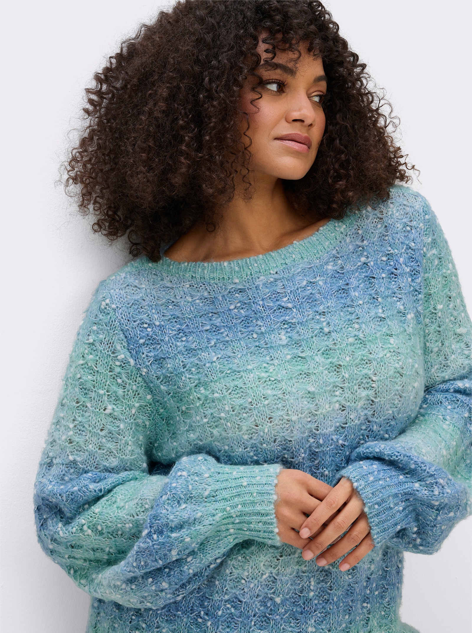 sheego Ajourpullover mit Blockstreifen - mint-bleu-gemustert