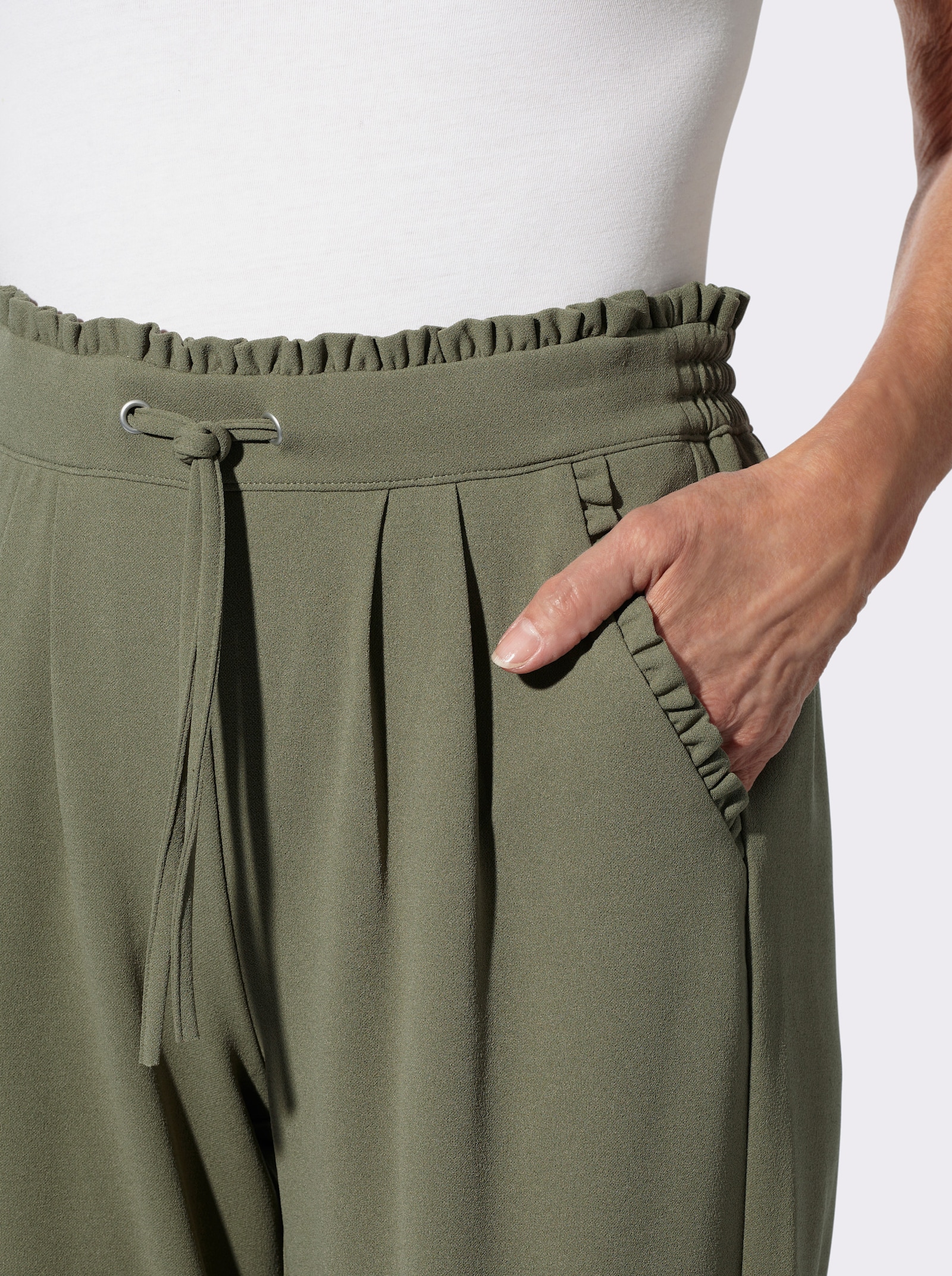 Jerseyhose mit Rüschen am Dehnbund - khaki