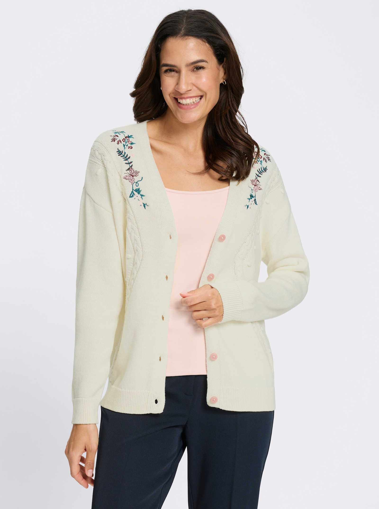 Strickjacke mit Ajour-Strick - champagner-burgund-gemustert