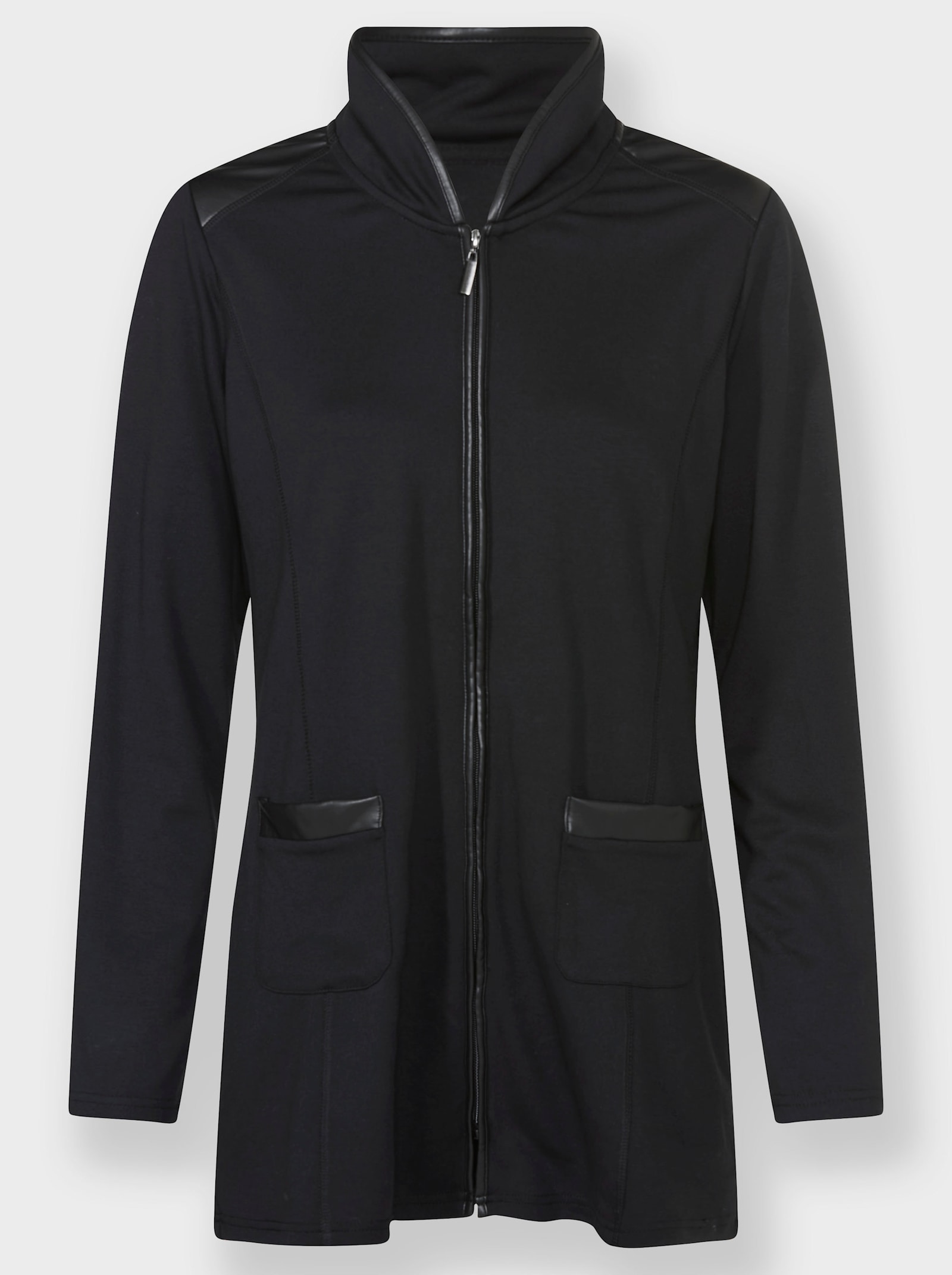 Sweatjacke mit Details in Leder-Optik - schwarz