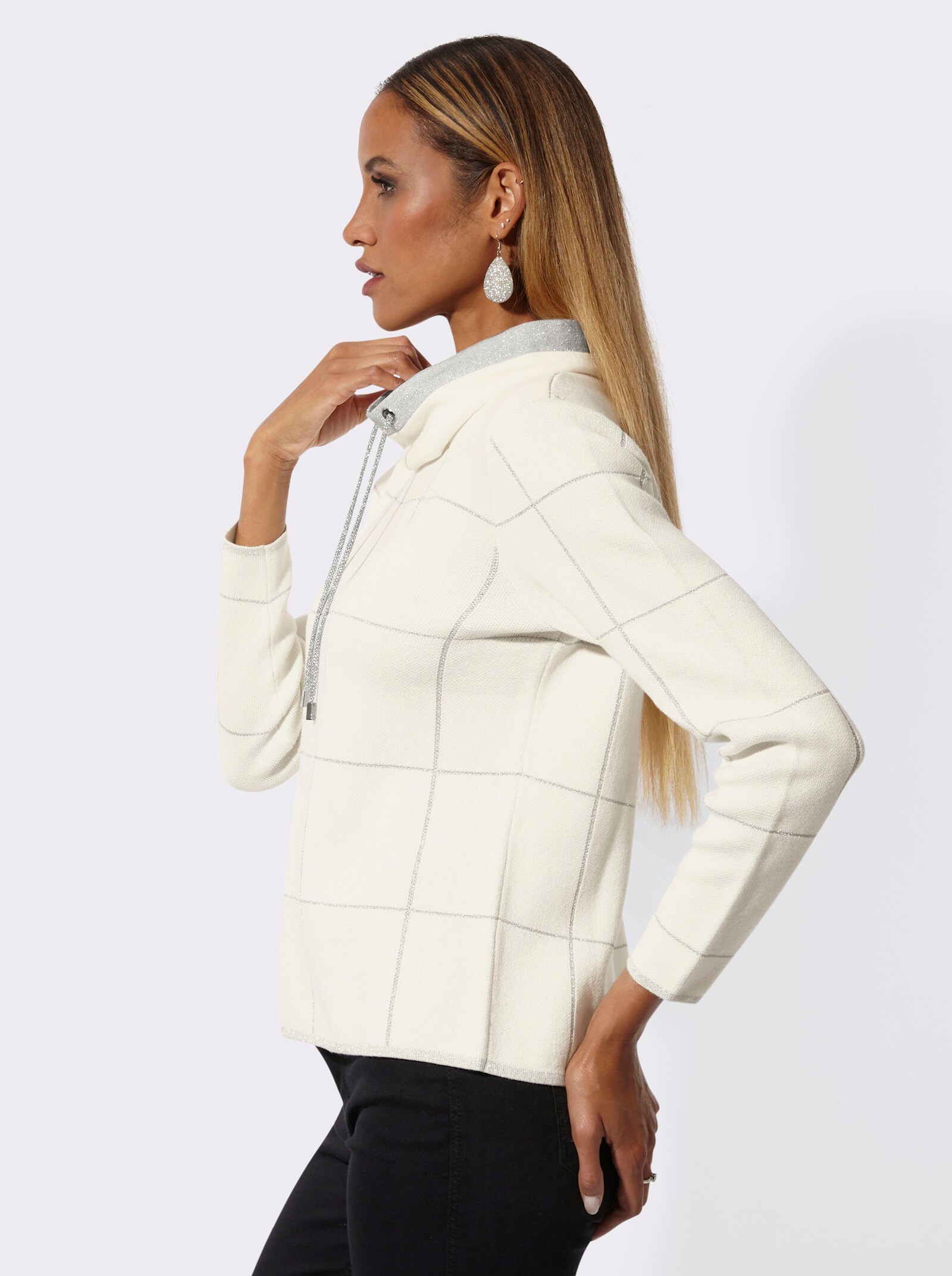 Jacquard-Pullover mit weitenregulierbarem Rollkragen - ecru-silberfarben