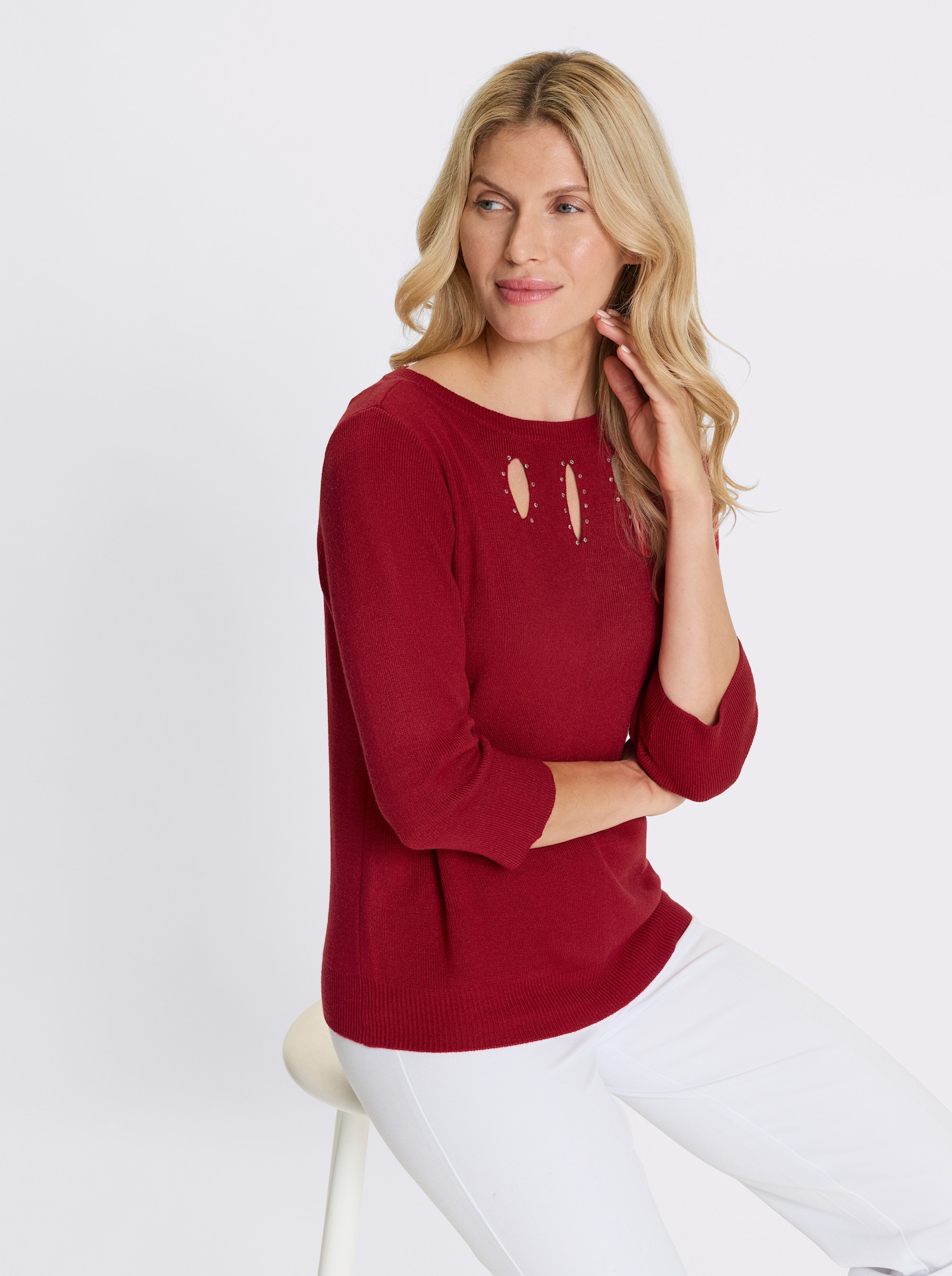 3/4 Arm-Pullover mit Glitzersteinchen - rot