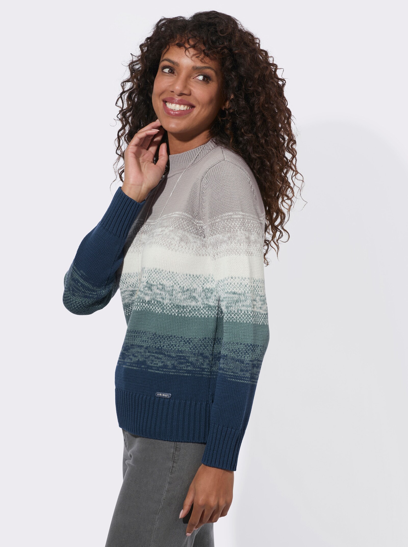  Stehkragenpullover mit Rippabschlüssen - steingrau-jade-geringelt