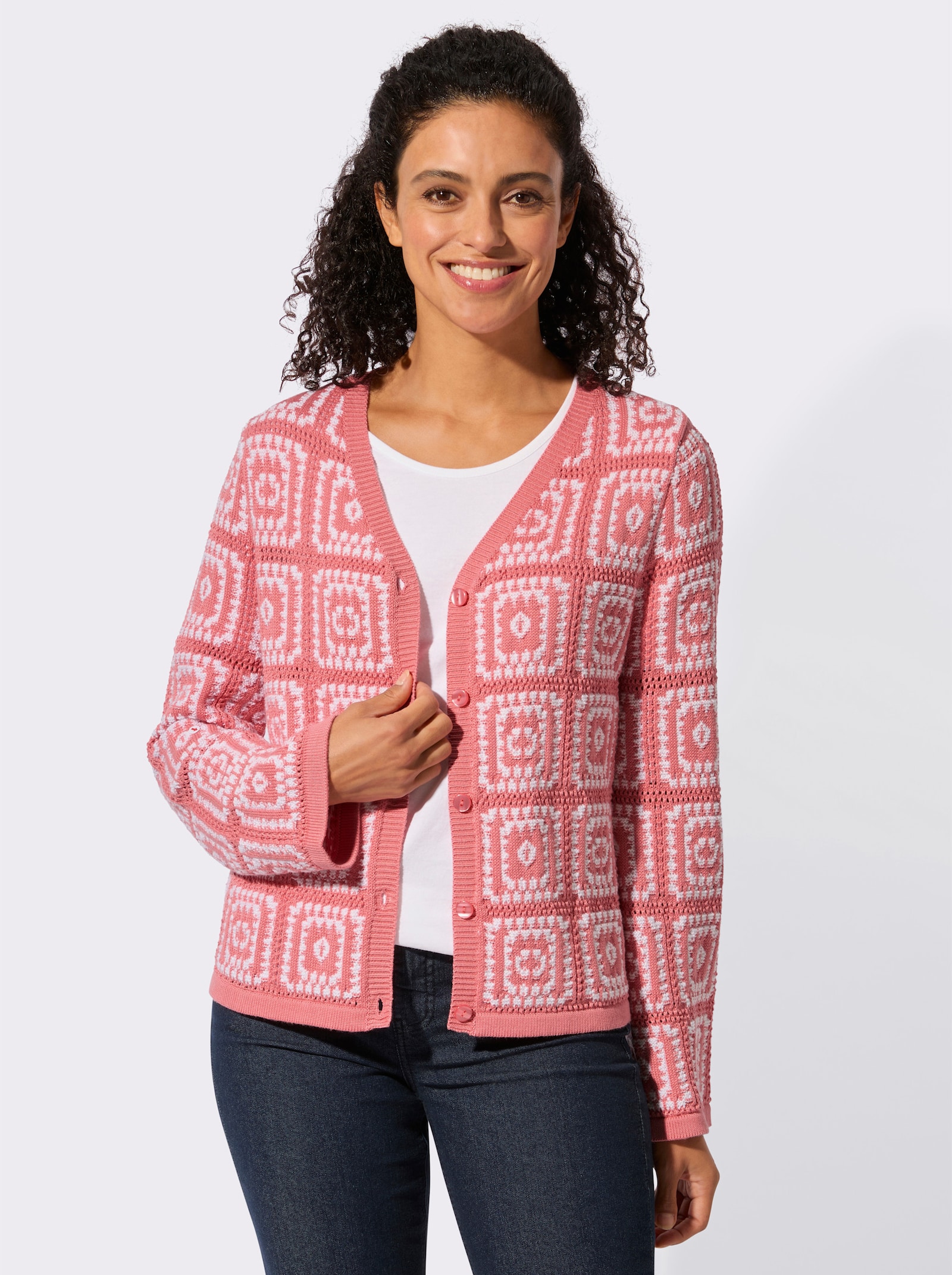 Strickjacke in Häkel-Optik - flamingo-weiß