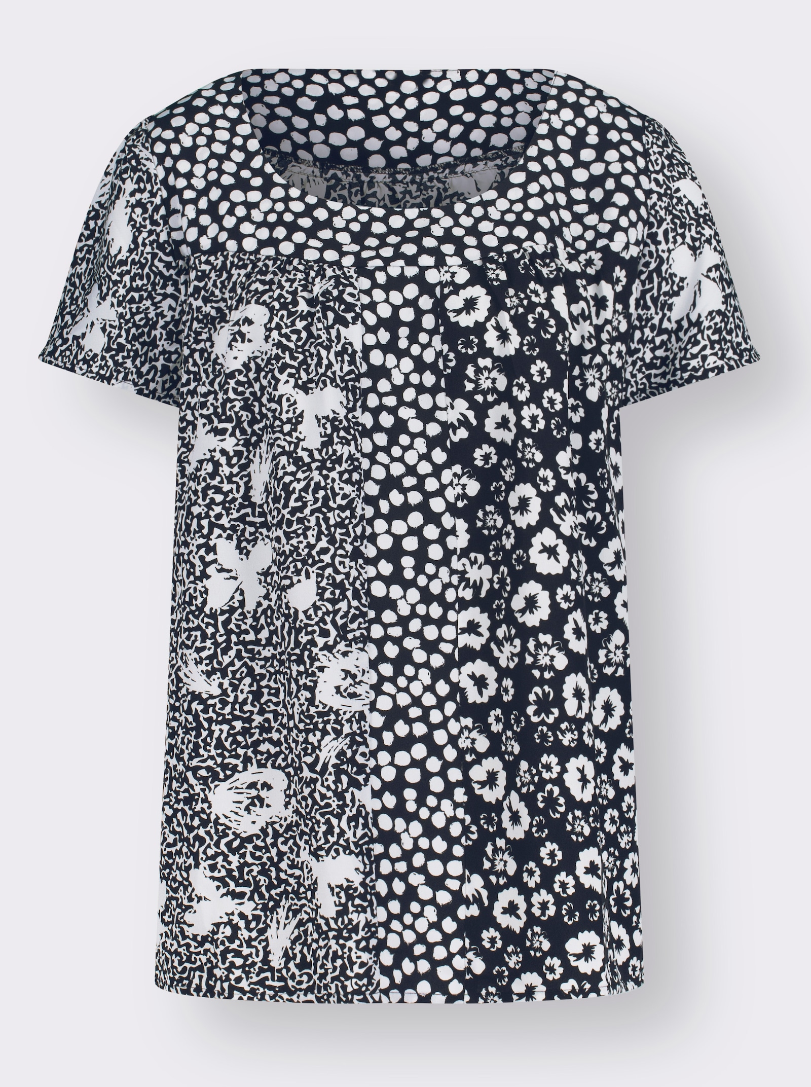 Blúzka bez zapínania v patchworkovom vzhľade - Čierno-biely vzor